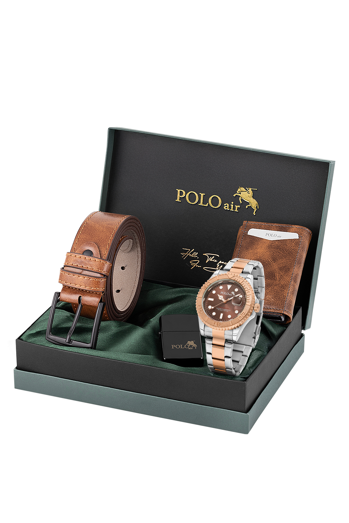 Takvimli Erkek Kol Saati Otomatik Cüzdan Kemer Çakmak Seti Rose Gold Gümüş Kahverengi Renk Pl-7080E8 Çok Renkli Pl-7080E8