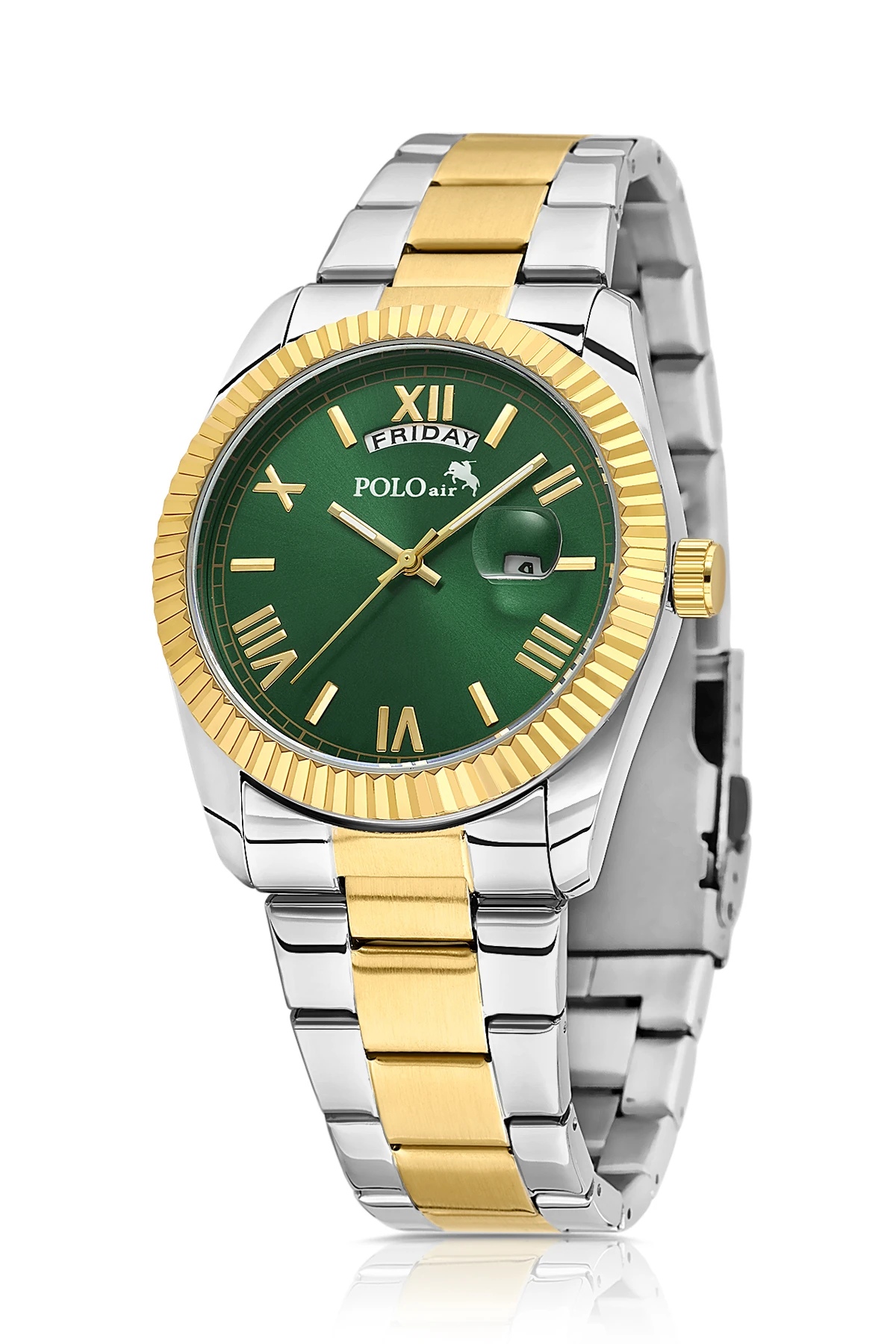 Takvimli Erkek Kol Saati Otomatik Cüzdan Kemer Parfüm Seti Gümüş Gold Yeşil Renk Pl-7081E8 Yeşil Pl-7081E8