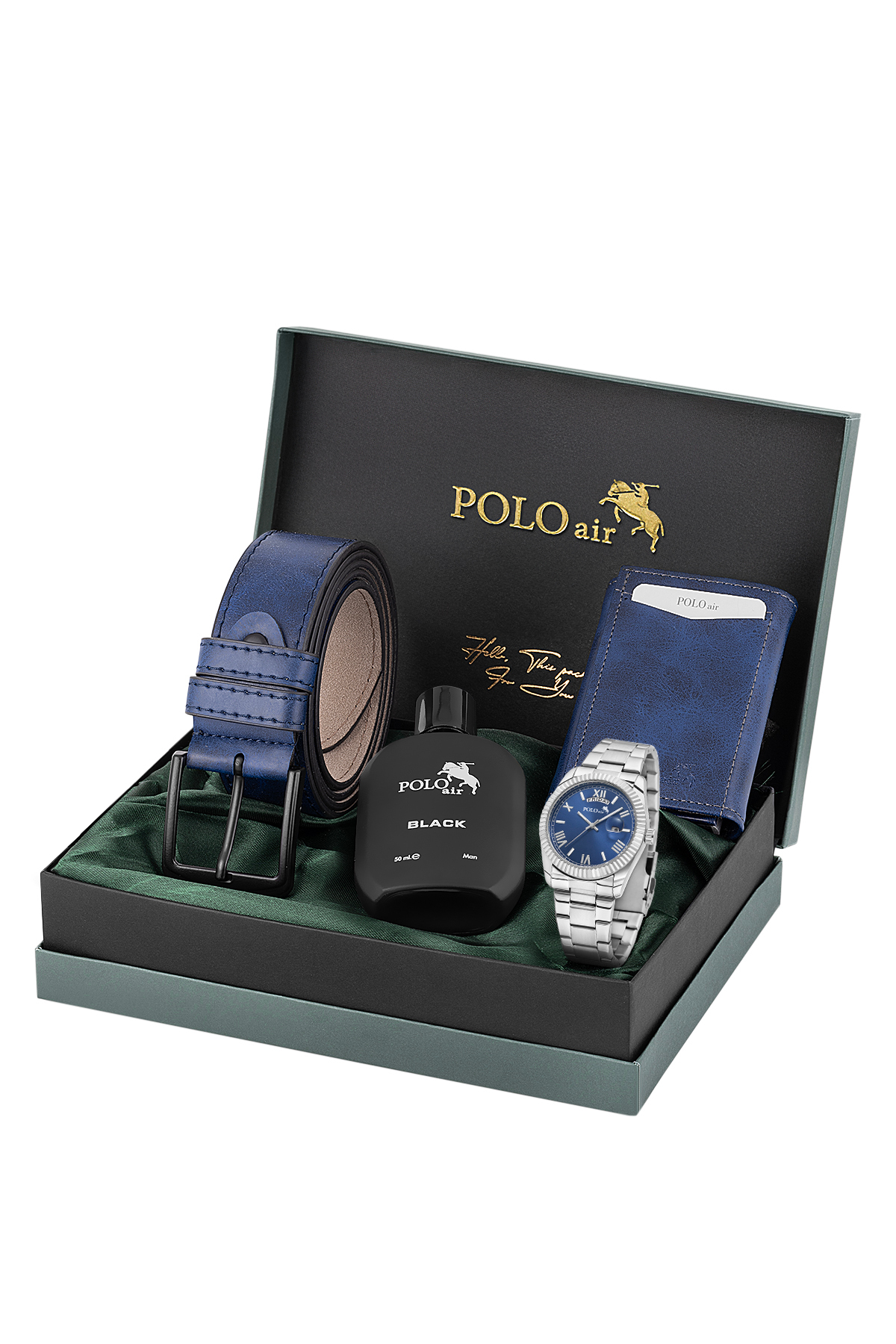 Takvimli Erkek Kol Saati Otomatik Cüzdan Kemer Parfüm Seti Gümüş Lacivert Renk Pl-7081E2 Lacivert Pl-7081E2