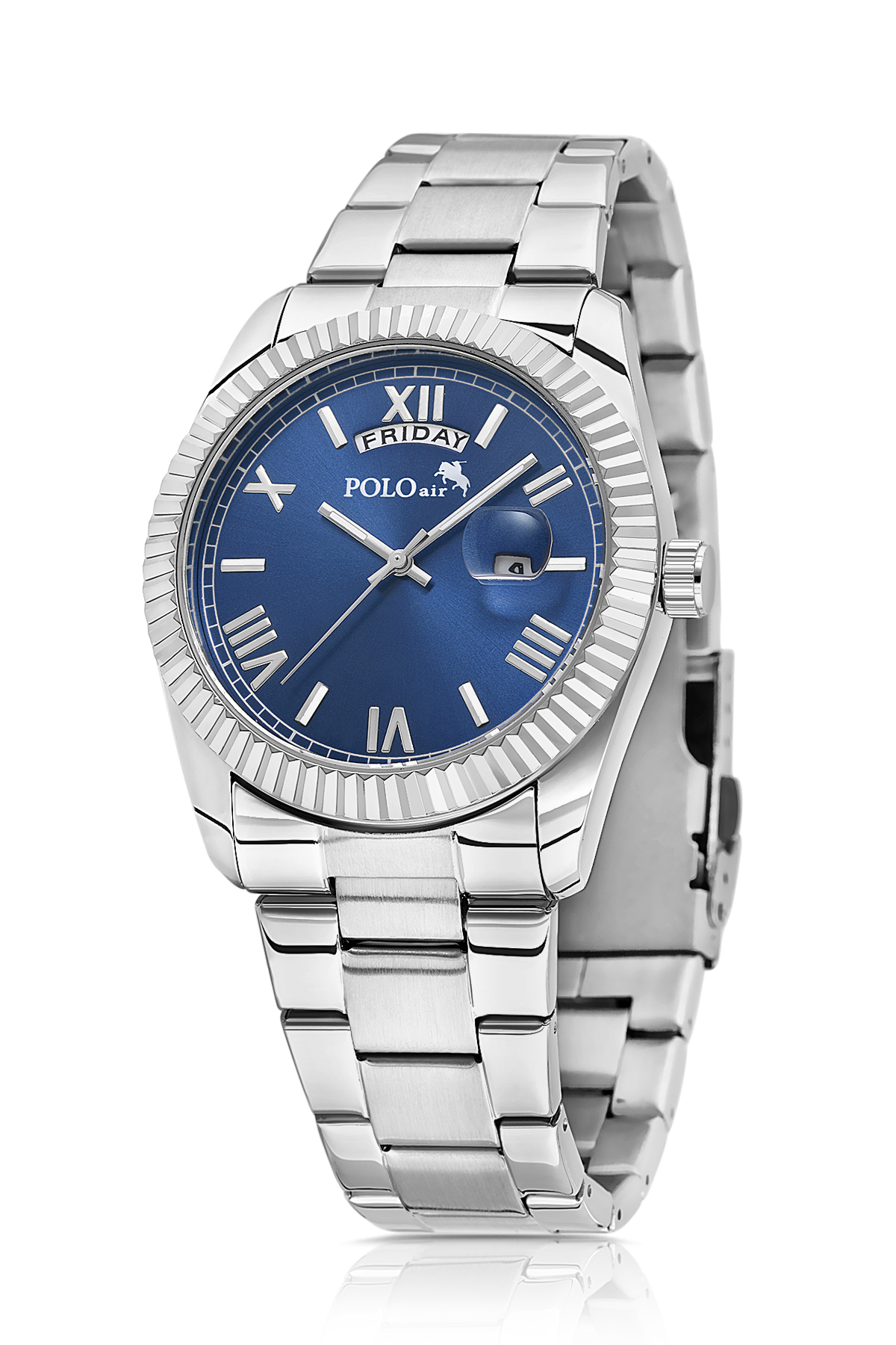 Takvimli Erkek Kol Saati Otomatik Cüzdan Kemer Parfüm Seti Gümüş Lacivert Renk Pl-7081E2 Lacivert Pl-7081E2