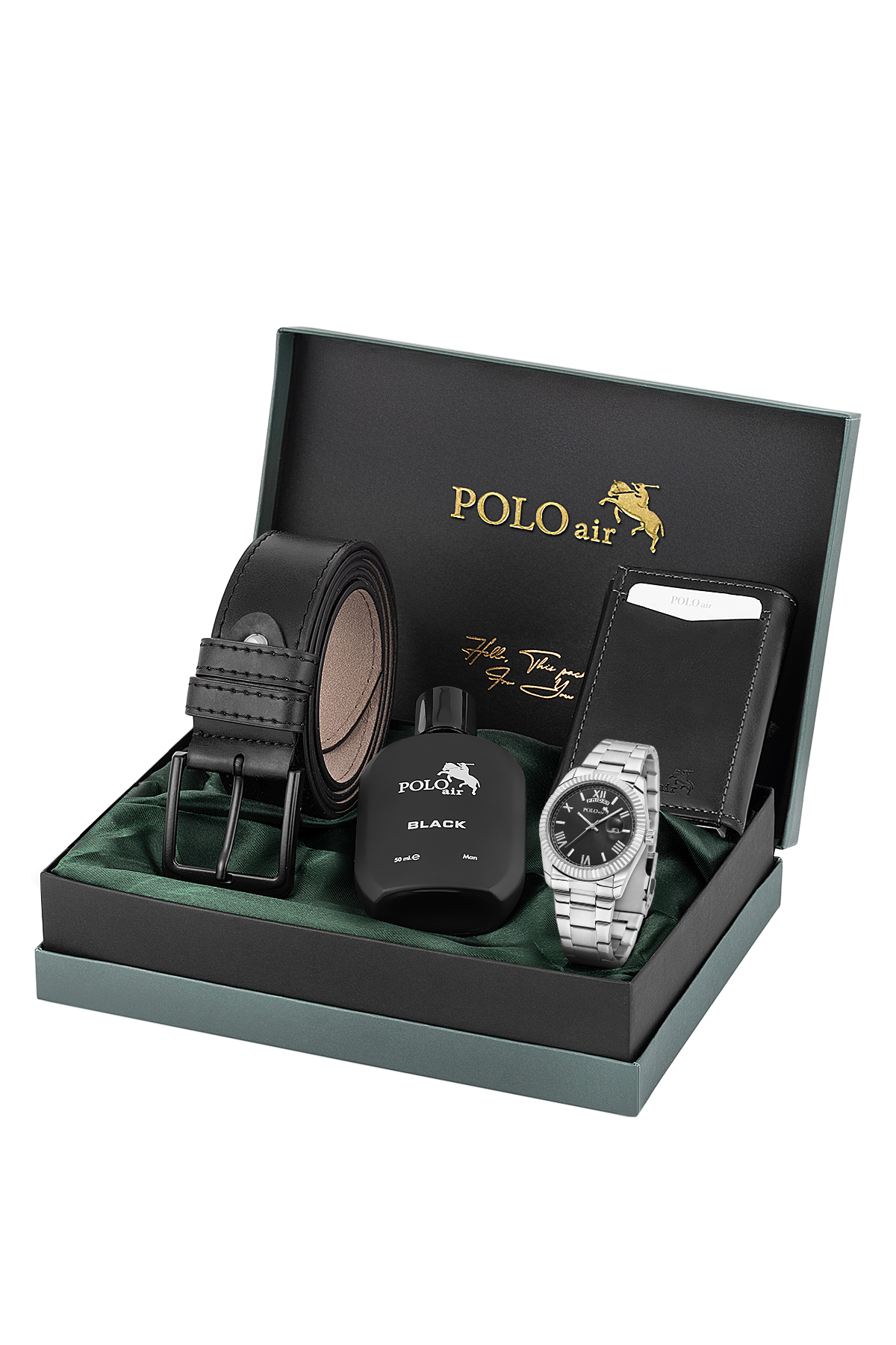 Takvimli Erkek Kol Saati Otomatik Cüzdan Kemer Parfüm Seti Gümüş Siyah Renk Pl-7081E3 Siyah Pl-7081E3