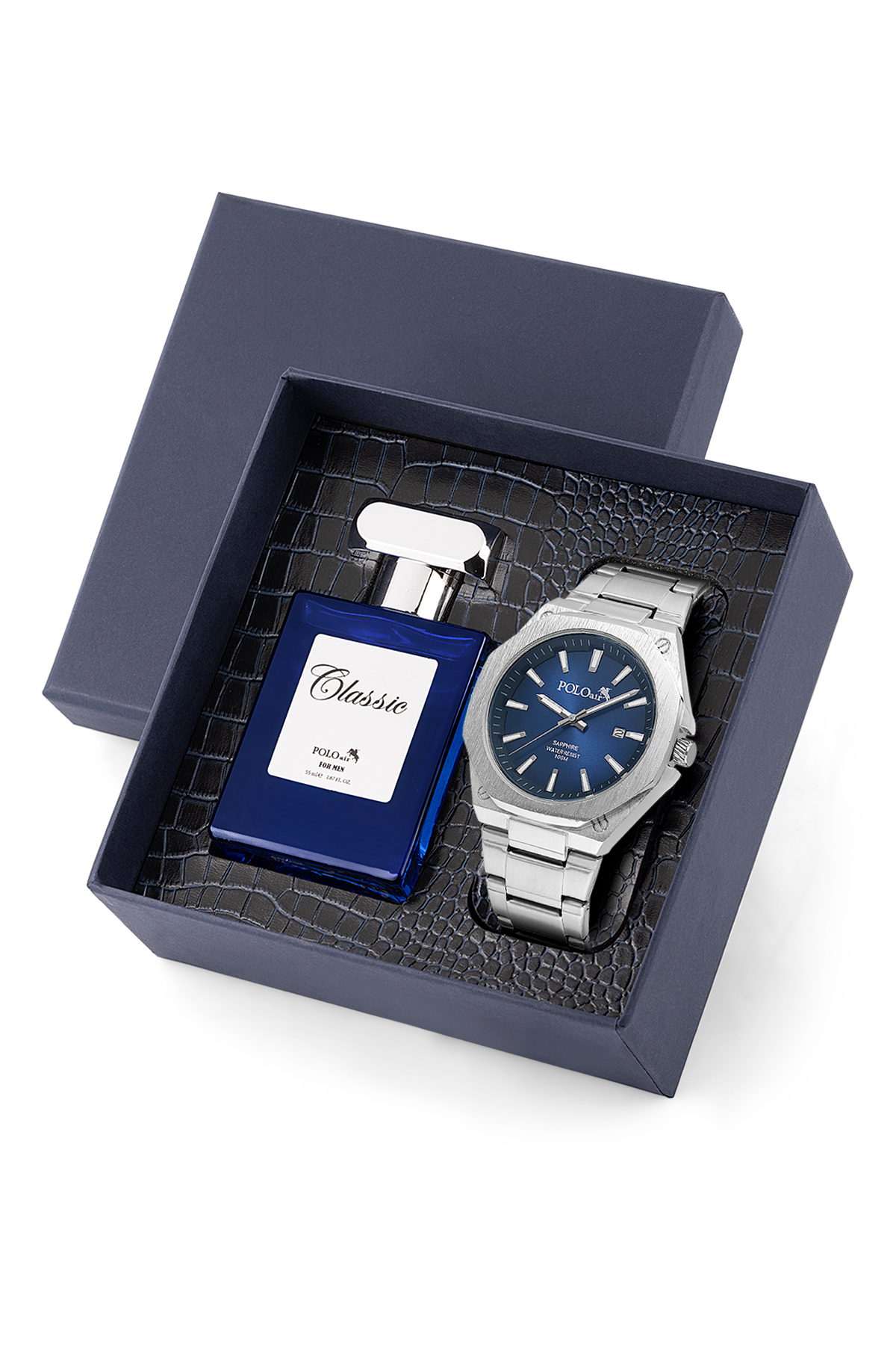 Takvimli Klasik Erkek Kol Saati Ve 55 Ml Parfüm Seti Gümüş Lacivert Renk St-5018E2 Lacivert St-5018E2
