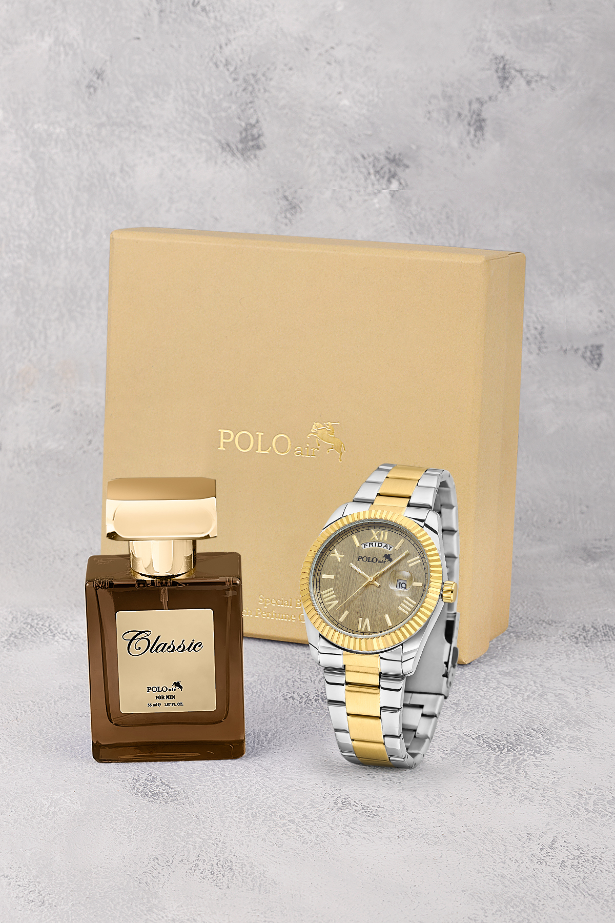 Ay Gün Gösterge Takvimli Erkek Kol Saati Ve 55 Ml Parfüm Seti Gold Gümüş Renk St-5014E9 Altın St-5014E9