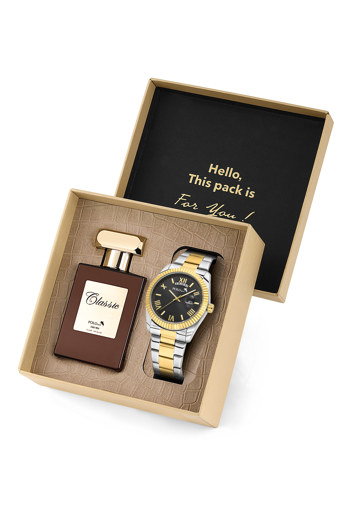 Ay Gün Gösterge Takvimli Erkek Kol Saati Ve 55 Ml Parfüm Seti Gold Gümüş Siyah Renk St-5014E6 Gold-Gümüş-Siyah St-5014E6