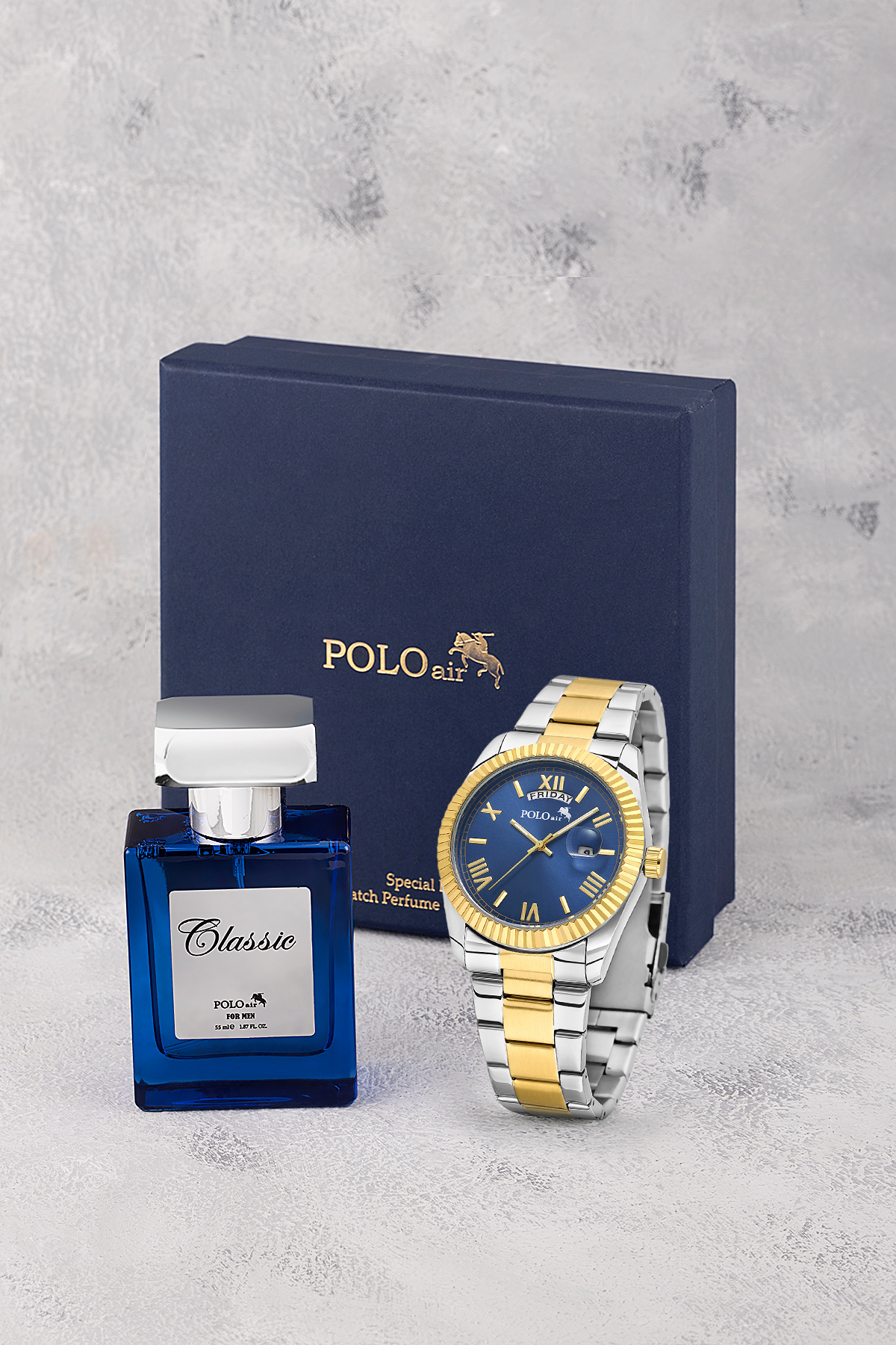 Ay Gün Gösterge Takvimli Erkek Kol Saati Ve 55 Ml Parfüm Seti Gümüş Gold Lacivert Renk St-5014E7 Çok Renkli St-5014E7