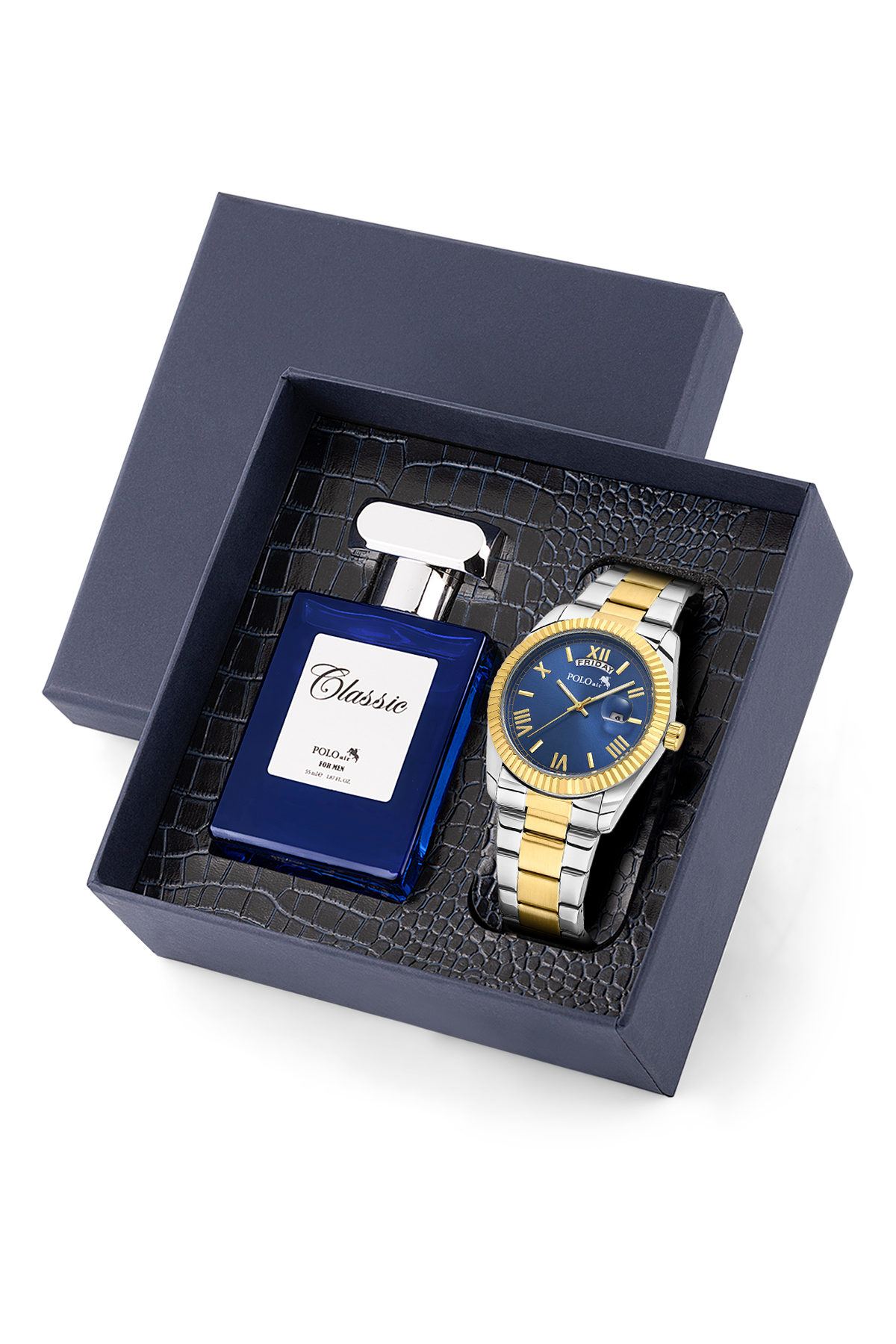 Ay Gün Gösterge Takvimli Erkek Kol Saati Ve 55 Ml Parfüm Seti Gümüş Gold Lacivert Renk St-5014E7 Çok Renkli St-5014E7