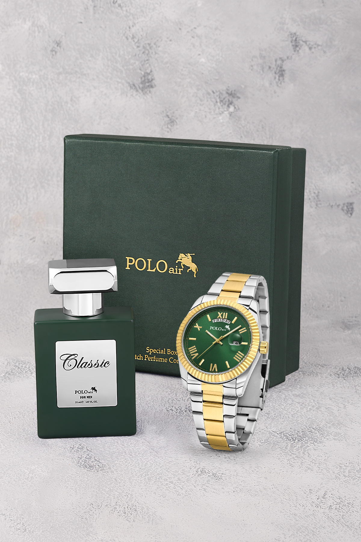 Ay Gün Gösterge Takvimli Erkek Kol Saati Ve 55 Ml Parfüm Seti Gümüş Gold Yeşil Renk St-5014E8 Çok Renkli St-5014E8