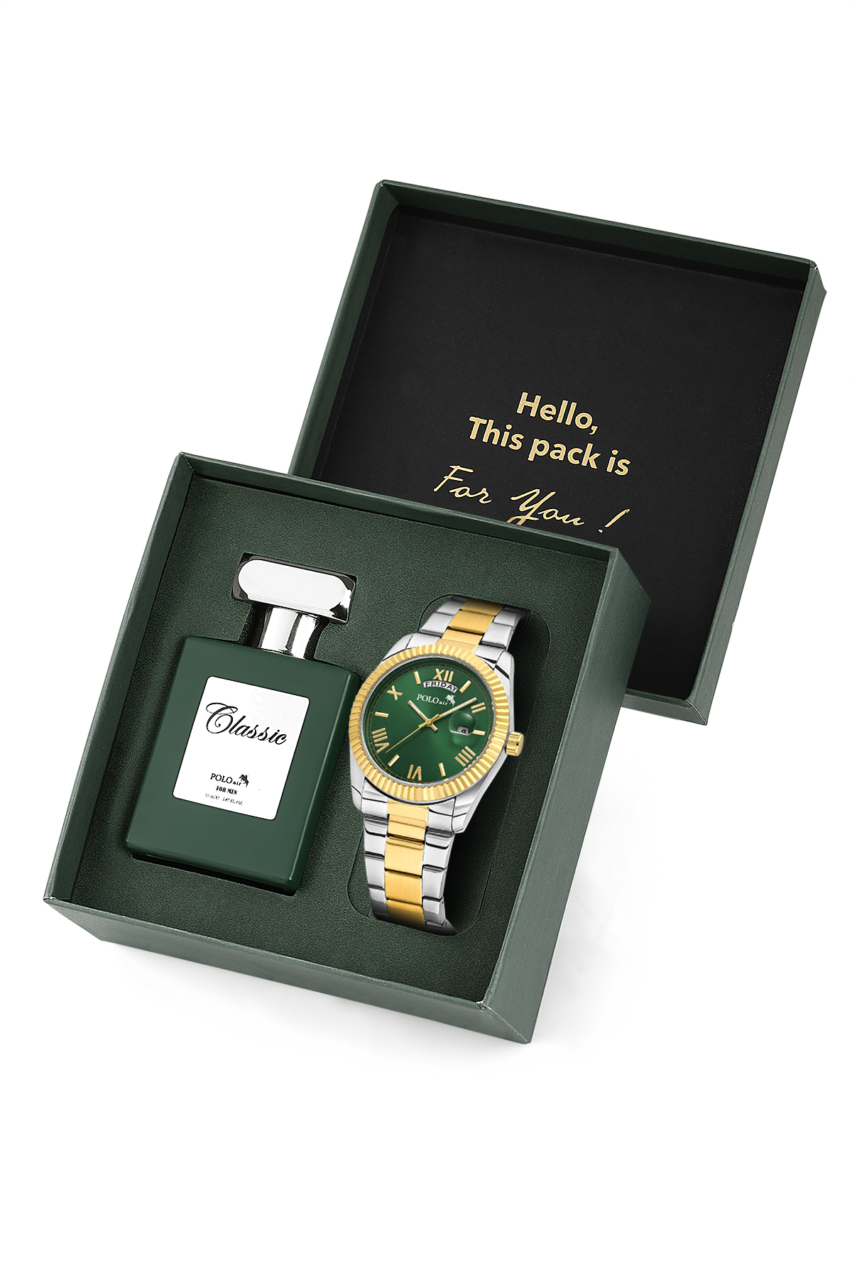 Ay Gün Gösterge Takvimli Erkek Kol Saati Ve 55 Ml Parfüm Seti Gümüş Gold Yeşil Renk St-5014E8 Çok Renkli St-5014E8