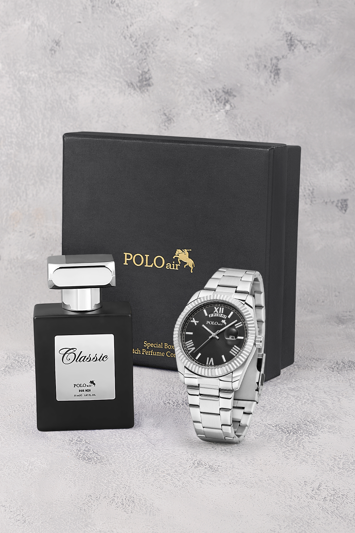 Ay Gün Gösterge Takvimli Erkek Kol Saati Ve 55 Ml Parfüm Seti Gümüş Siyah Renk St-5014E3 Siyah St-5014E3