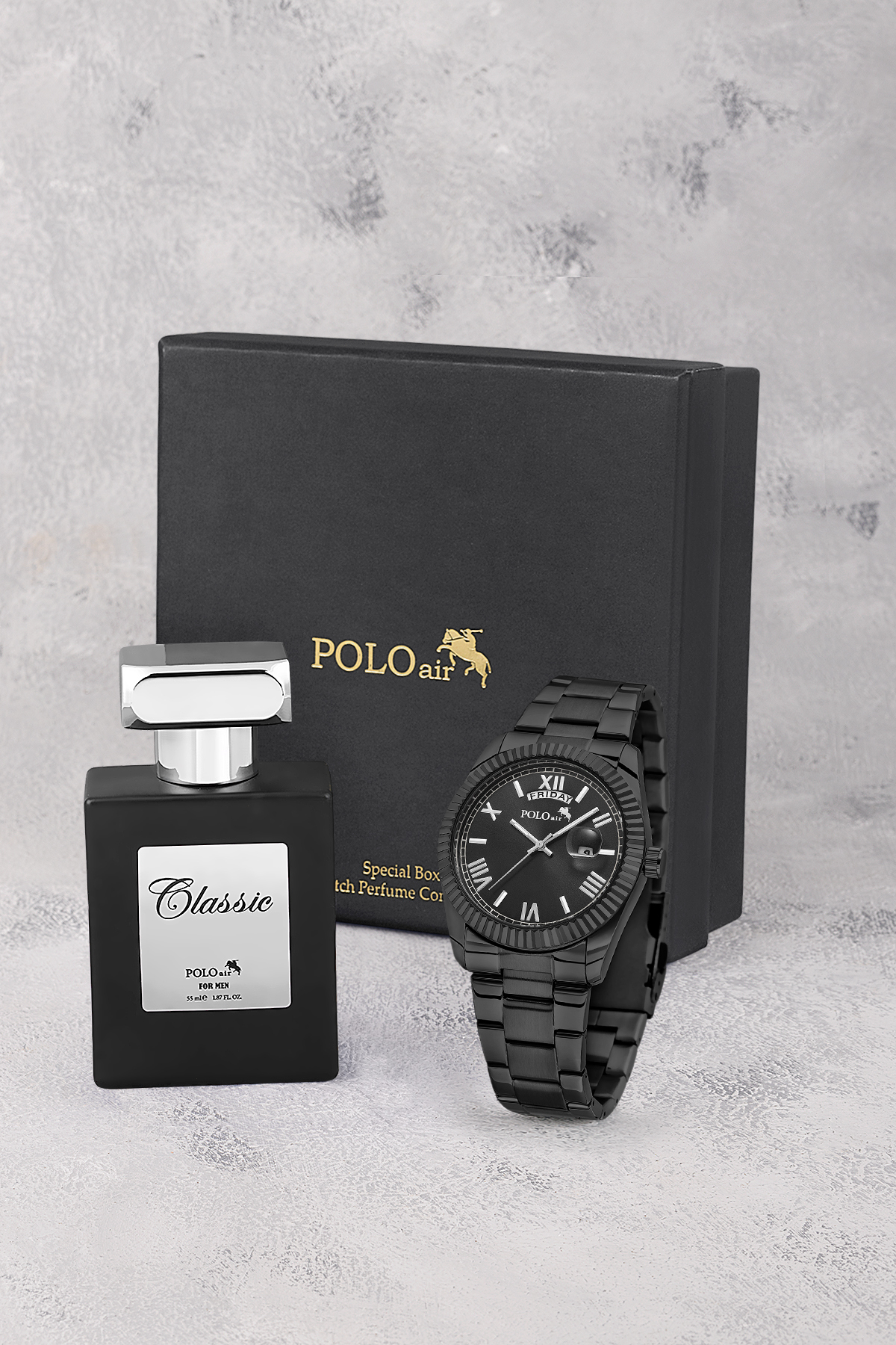 Ay Gün Gösterge Takvimli Erkek Kol Saati Ve 55 Ml Parfüm Seti Siyah Renk St-5014E1 Siyah St-5014E1