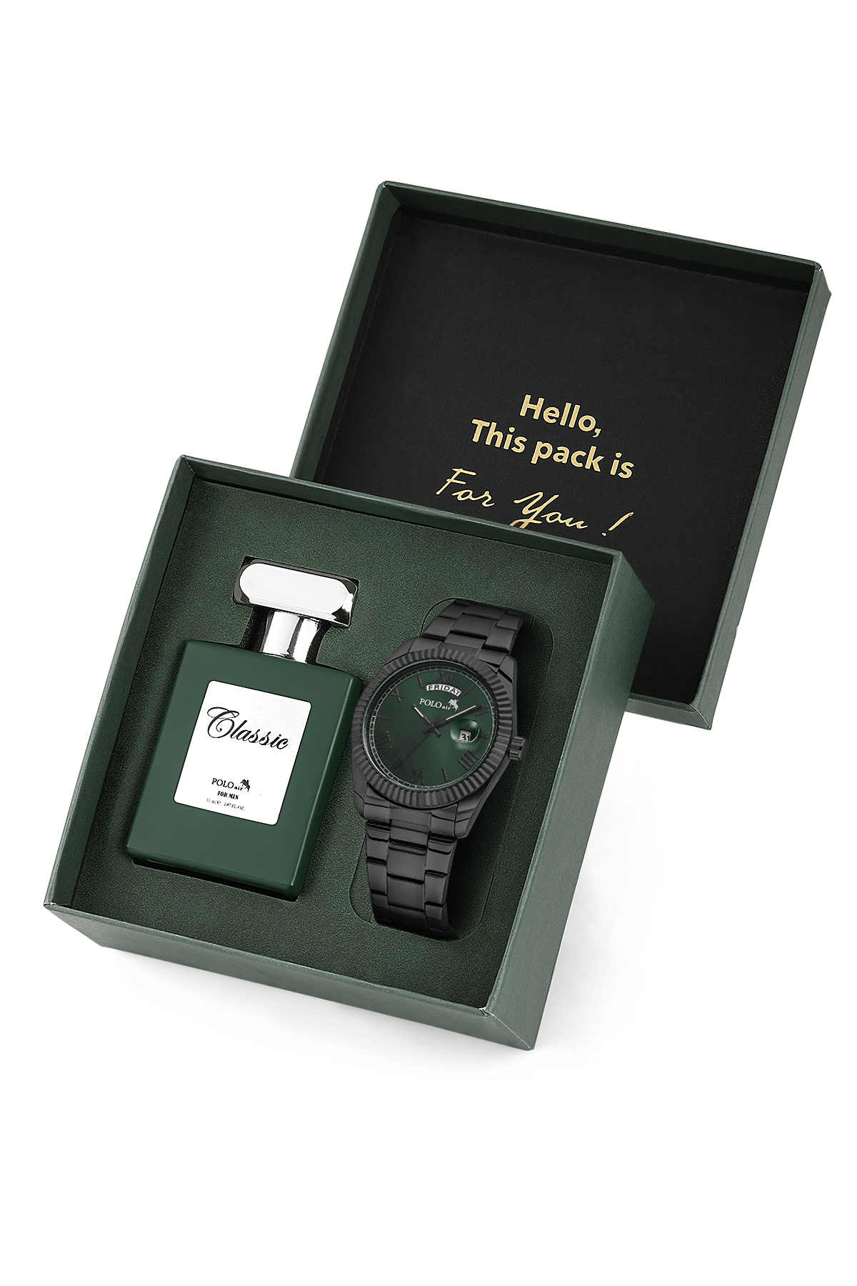 Ay Gün Gösterge Takvimli Erkek Kol Saati Ve 55 Ml Parfüm Seti Siyah Yeşil Renk St-5014E5 Siyah St-5014E5