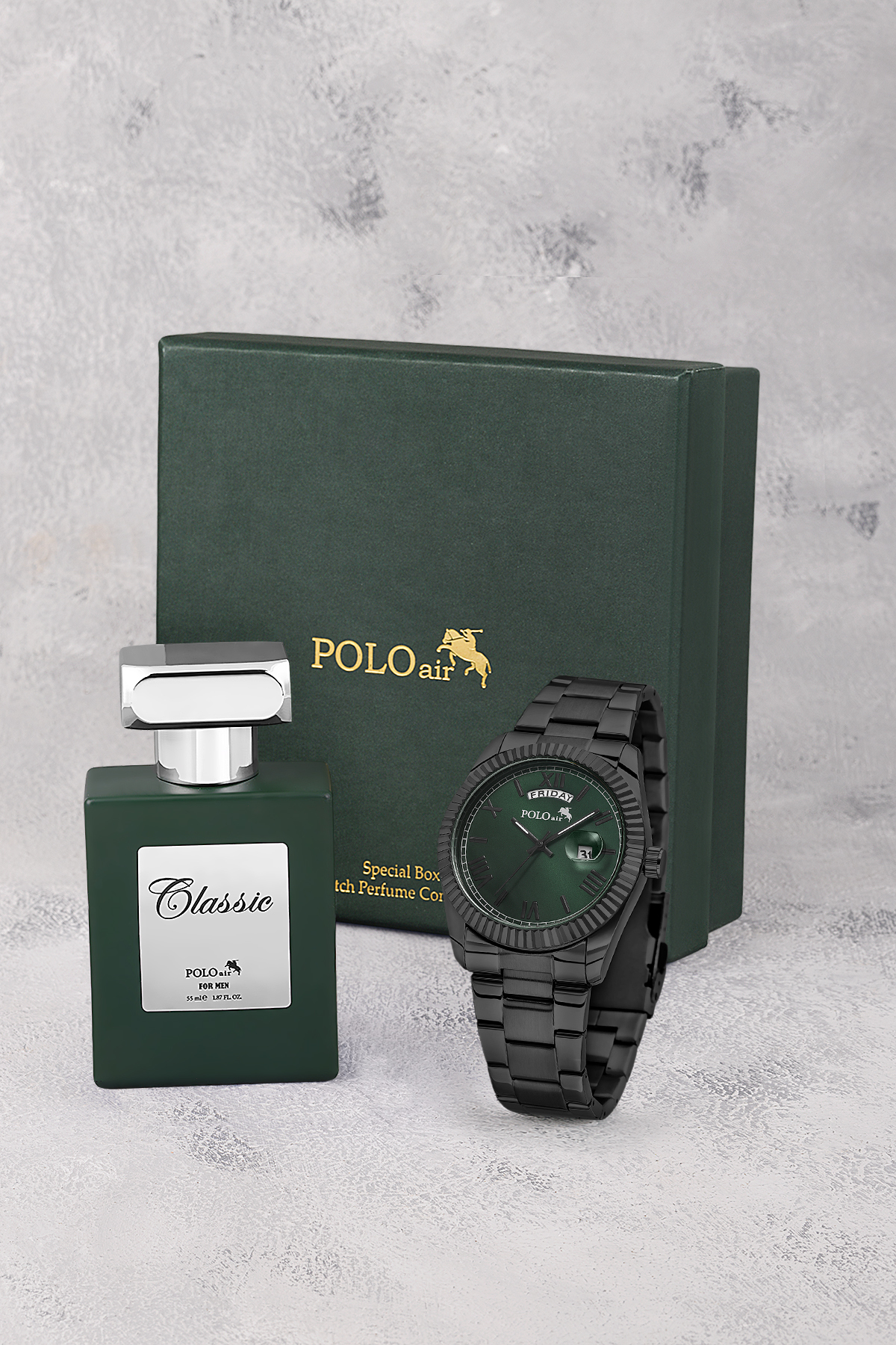 Ay Gün Gösterge Takvimli Erkek Kol Saati Ve 55 Ml Parfüm Seti Siyah Yeşil Renk St-5014E5 Siyah St-5014E5