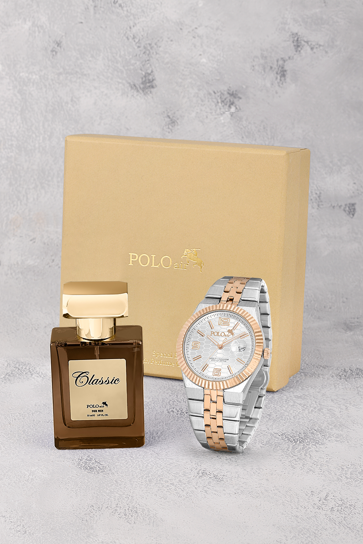 Çift Klips Mercek Takvimli Erkek Kol Saati Ve Parfüm Hediyelik Kutusunda Gümüş Bakır Renk St-5005E5 Gümüş-Bakır St-5005E5