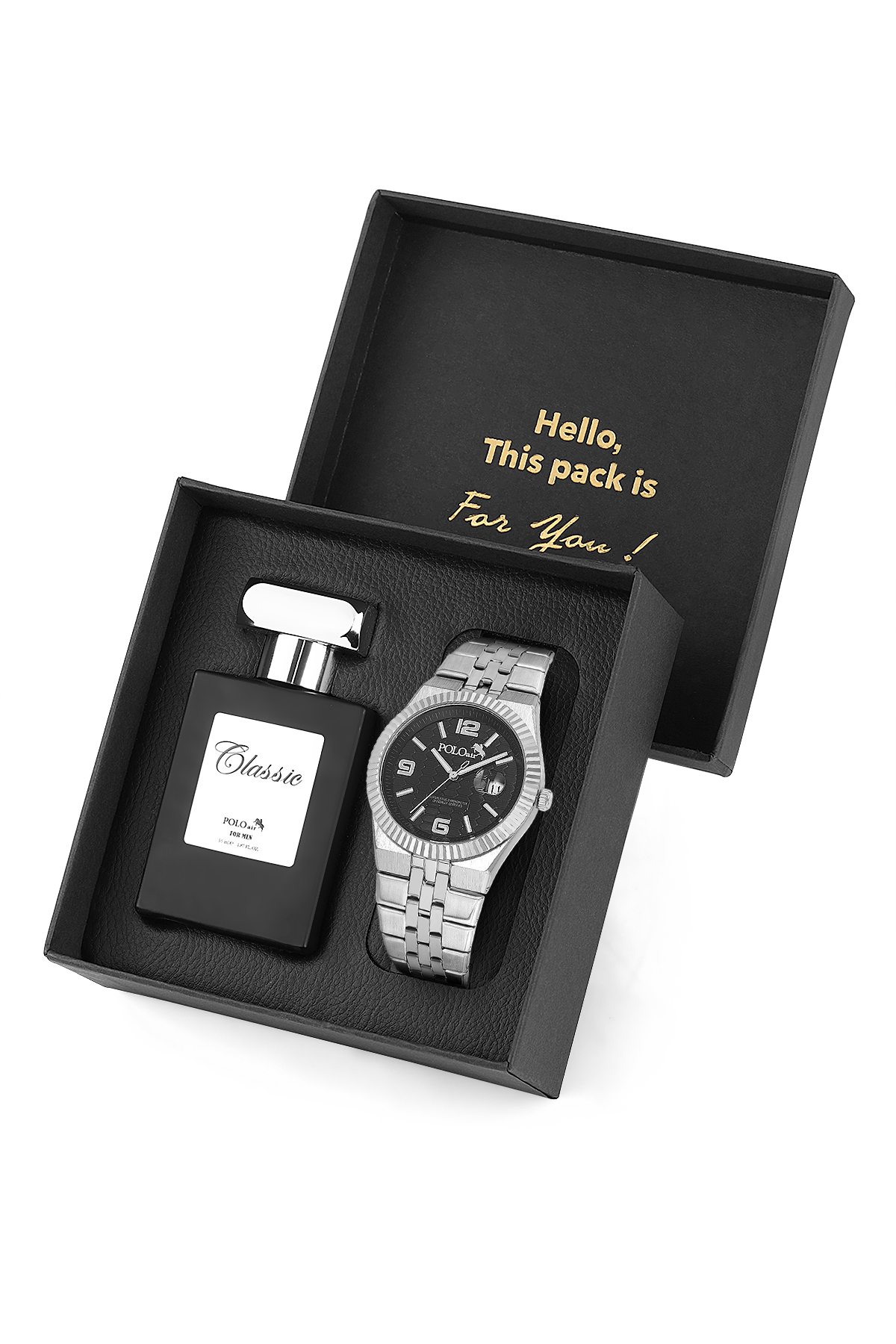 Çift Klips Mercek Takvimli Erkek Kol Saati Ve Parfüm Hediyelik Kutusunda Gümüş Siyah Renk St-5005E6 Siyah St-5005E6