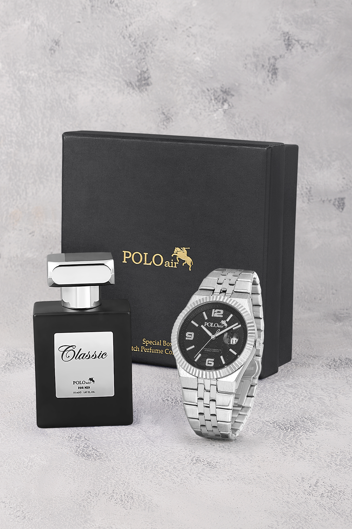 Çift Klips Mercek Takvimli Erkek Kol Saati Ve Parfüm Hediyelik Kutusunda Gümüş Siyah Renk St-5005E6 Siyah St-5005E6