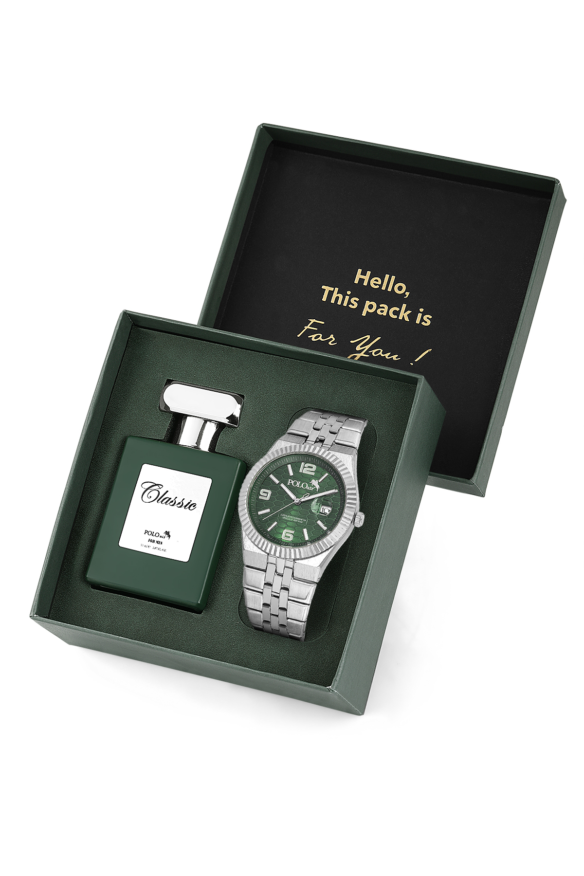 Çift Klips Mercek Takvimli Erkek Kol Saati Ve Parfüm Hediyelik Kutusunda Gümüş Yeşil Renk St-5005E3 Yeşil St-5005E3