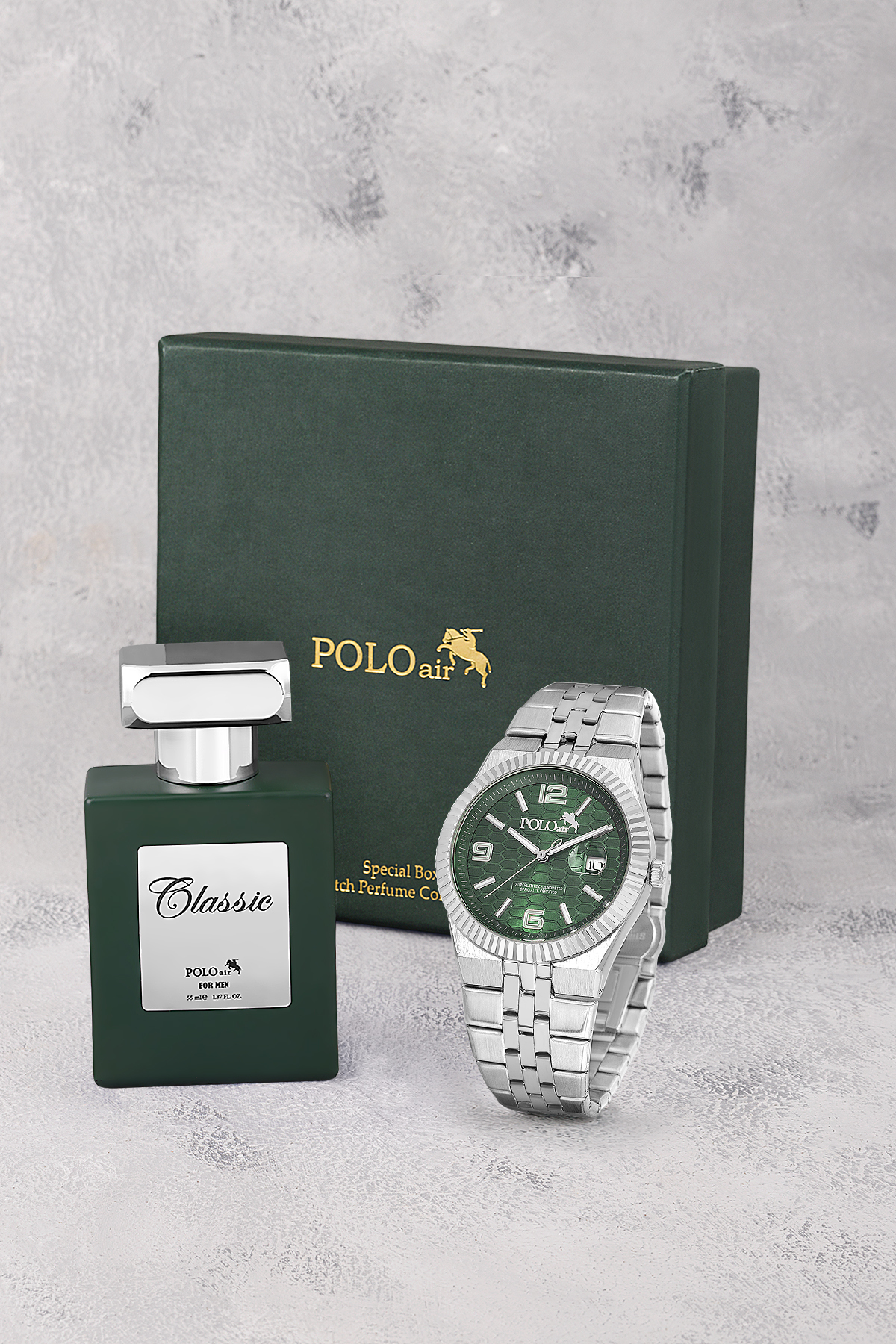 Çift Klips Mercek Takvimli Erkek Kol Saati Ve Parfüm Hediyelik Kutusunda Gümüş Yeşil Renk St-5005E3 Yeşil St-5005E3
