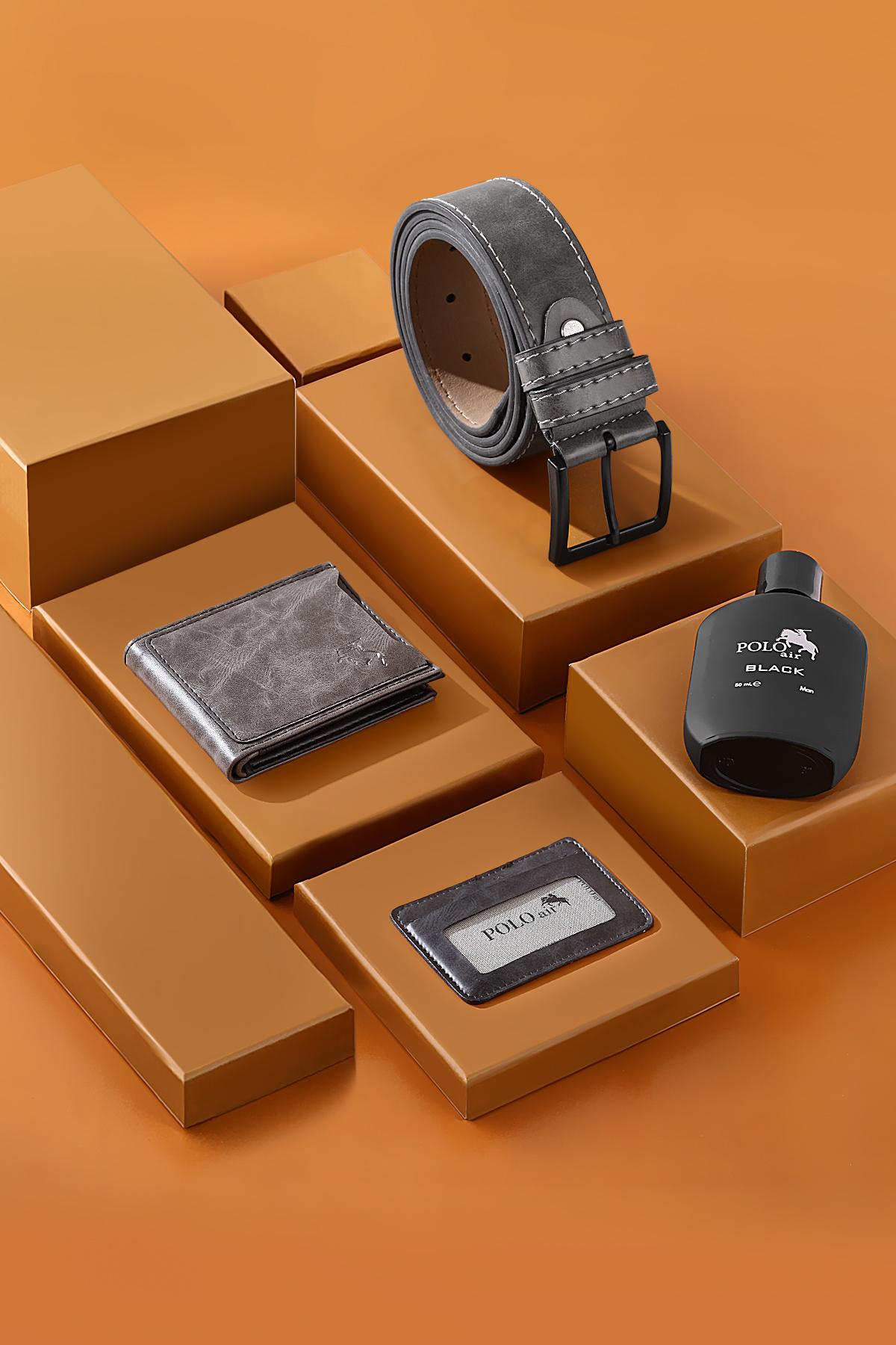 Erkek Kol Saati Cüzdan Kartlık Kemer Parfüm Hediyelik Kutusunda Gri Siyah Set Pl-7043E5 Gri Pl-7043E5