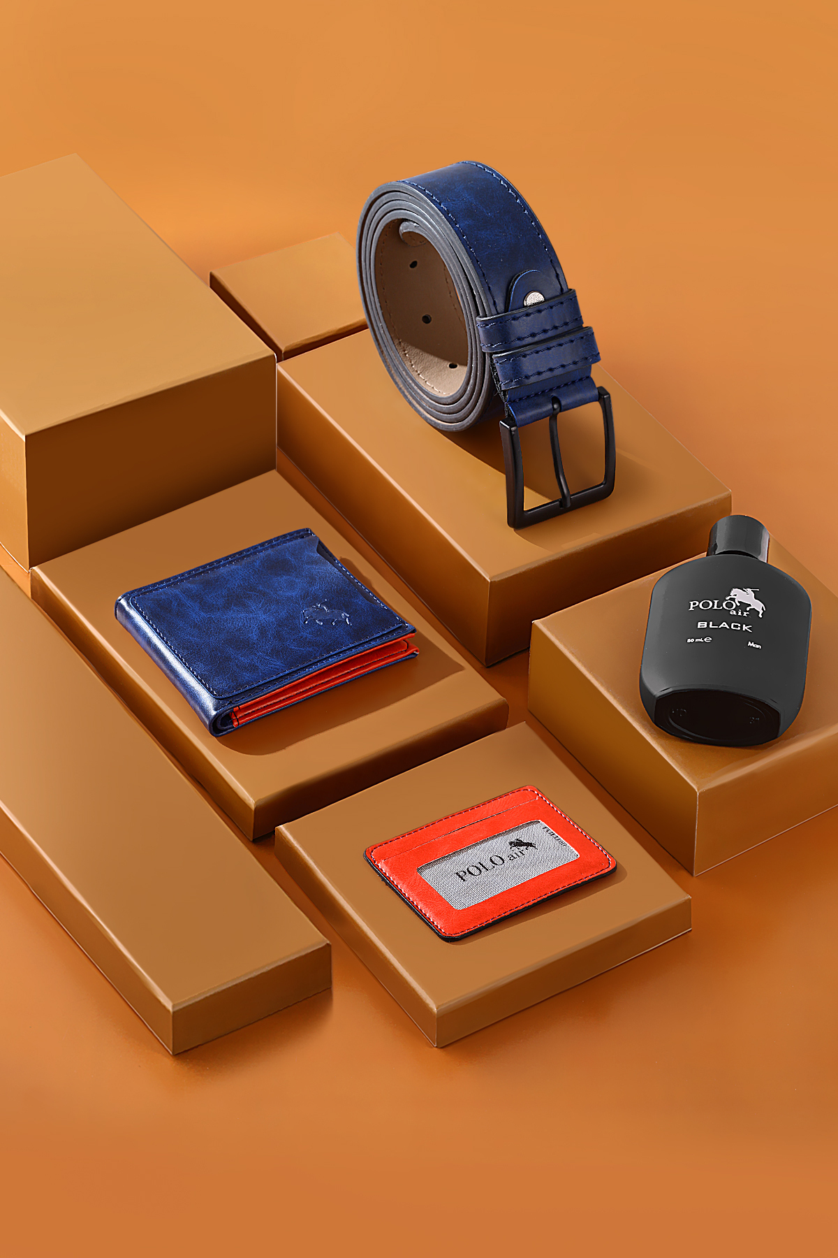 Erkek Kol Saati Cüzdan Kartlık Kemer Parfüm Hediyelik Kutusunda Gümüş Lacivert Set Pl-7043E2 Lacivert Pl-7043E2