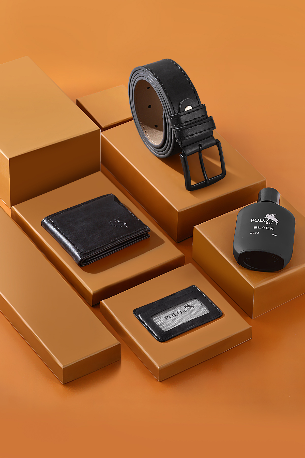 Erkek Kol Saati Cüzdan Kartlık Kemer Parfüm Hediyelik Kutusunda Siyah Set Pl-7043E1 Siyah Pl-7043E1