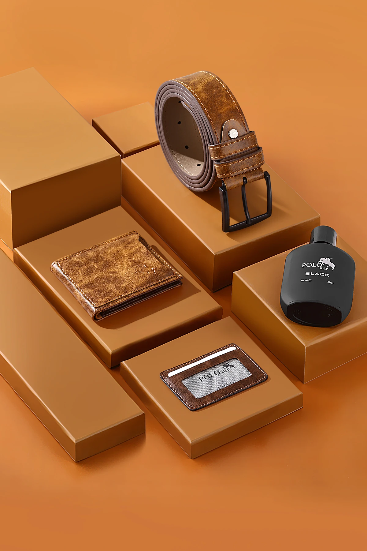 Erkek Kol Saati Cüzdan Kartlık Kemer Parfüm Hediyelik Kutusunda Taba Gümüş Set Pl-7043E4 Gümüş Pl-7043E4