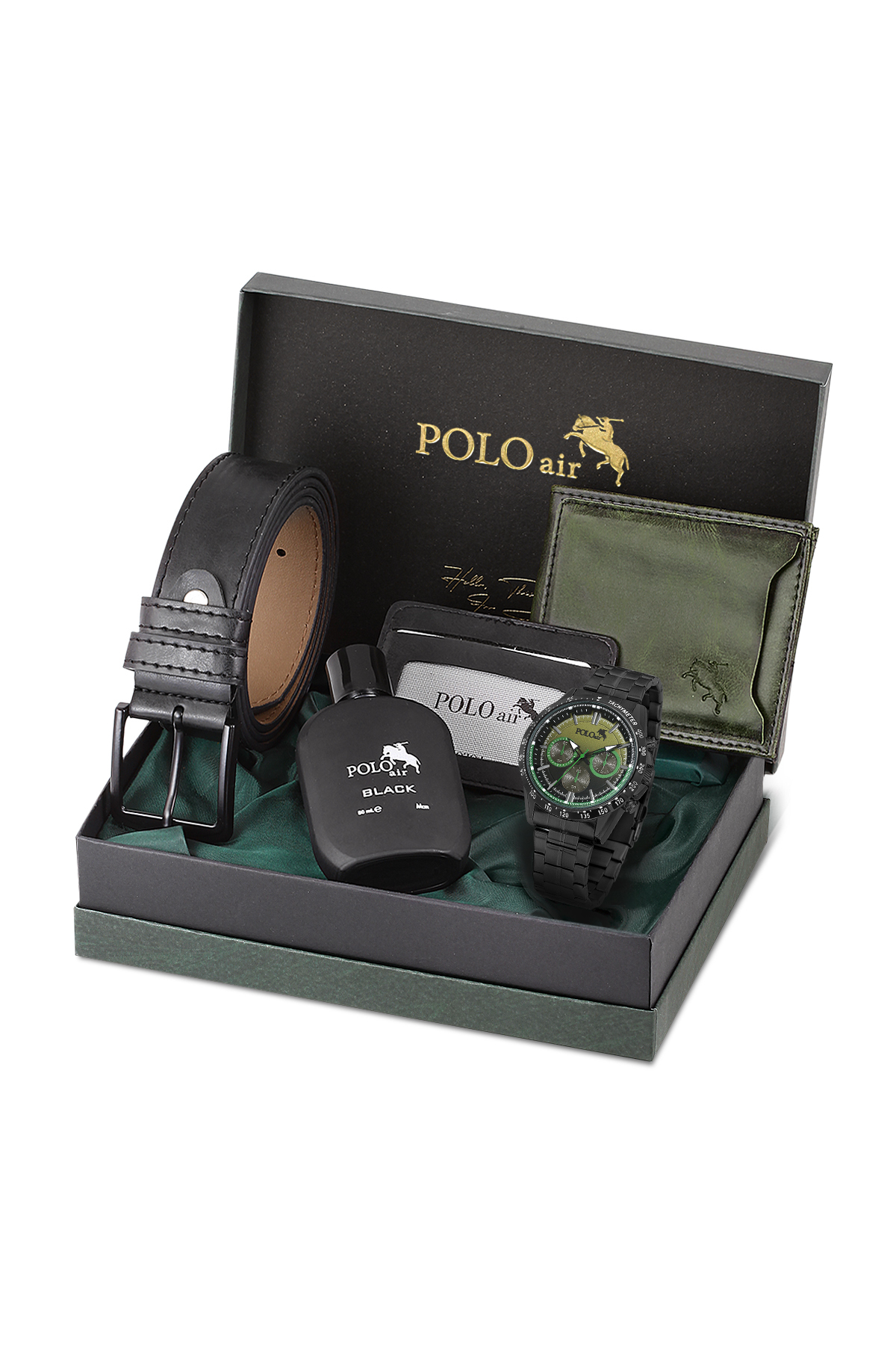 Erkek Kol Saati Cüzdan Kartlık Kemer Parfüm Hediyelik Kutusunda Yeşil Siyah Set Pl-7043E3 Yeşil Pl-7043E3
