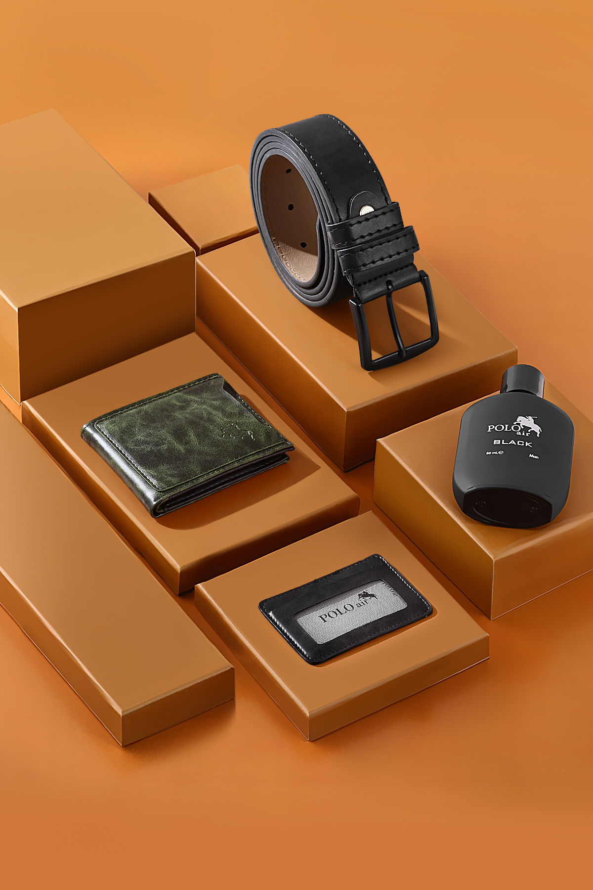 Erkek Kol Saati Cüzdan Kartlık Kemer Parfüm Hediyelik Kutusunda Yeşil Siyah Set Pl-7043E3 Yeşil Pl-7043E3