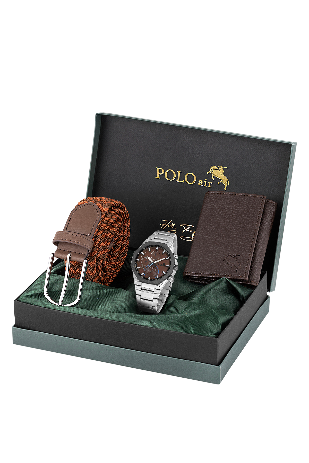 Erkek Kol Saati Cüzdan Kemer Hediyelik Kutusunda Kahverengi Taba Set Gümüş Kahverengi Renk Pl-7044E5 Kahverengi-Taba-Gümüş Pl-7044E5