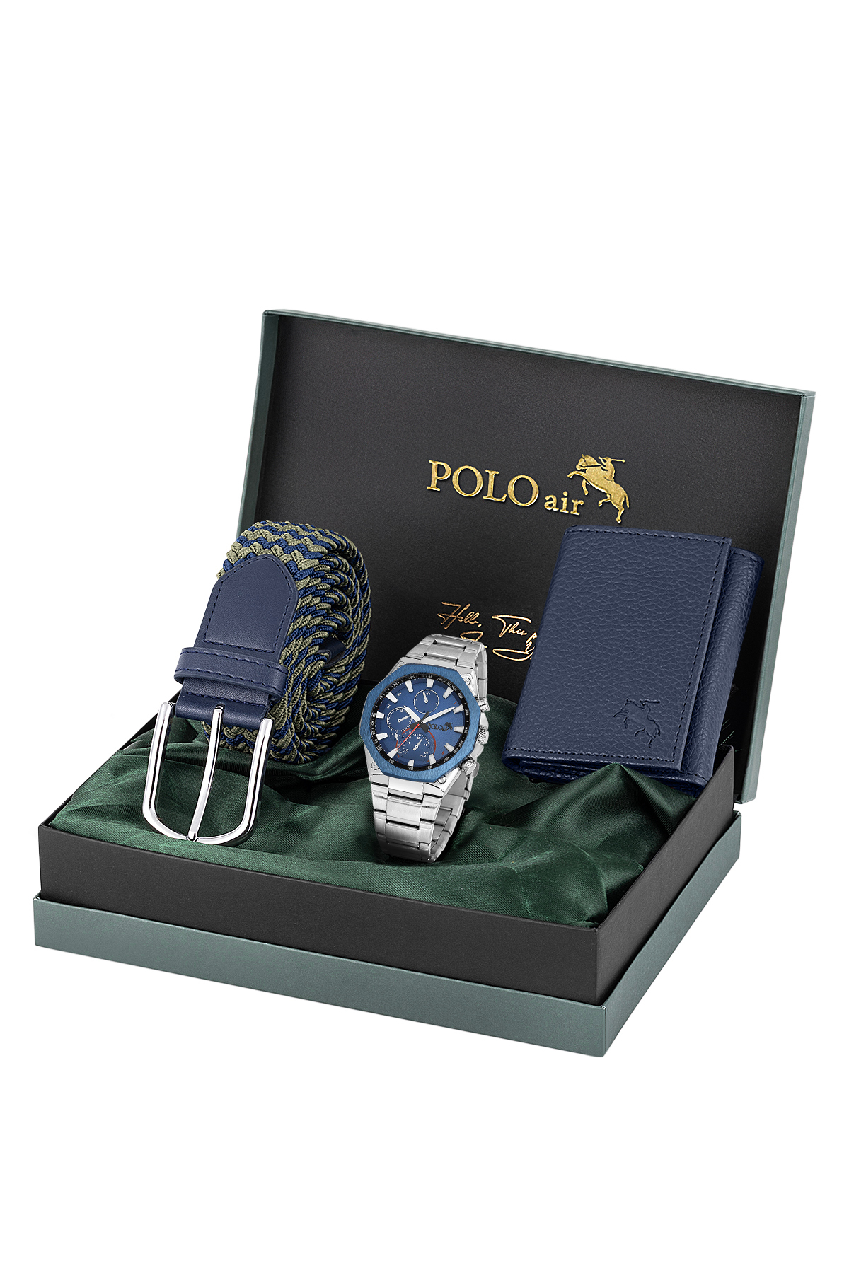 Erkek Kol Saati Cüzdan Kemer Hediyelik Kutusunda Lacivert Set Gümüş Lacivert Renk Pl-7044E2 Lacivert Pl-7044E2