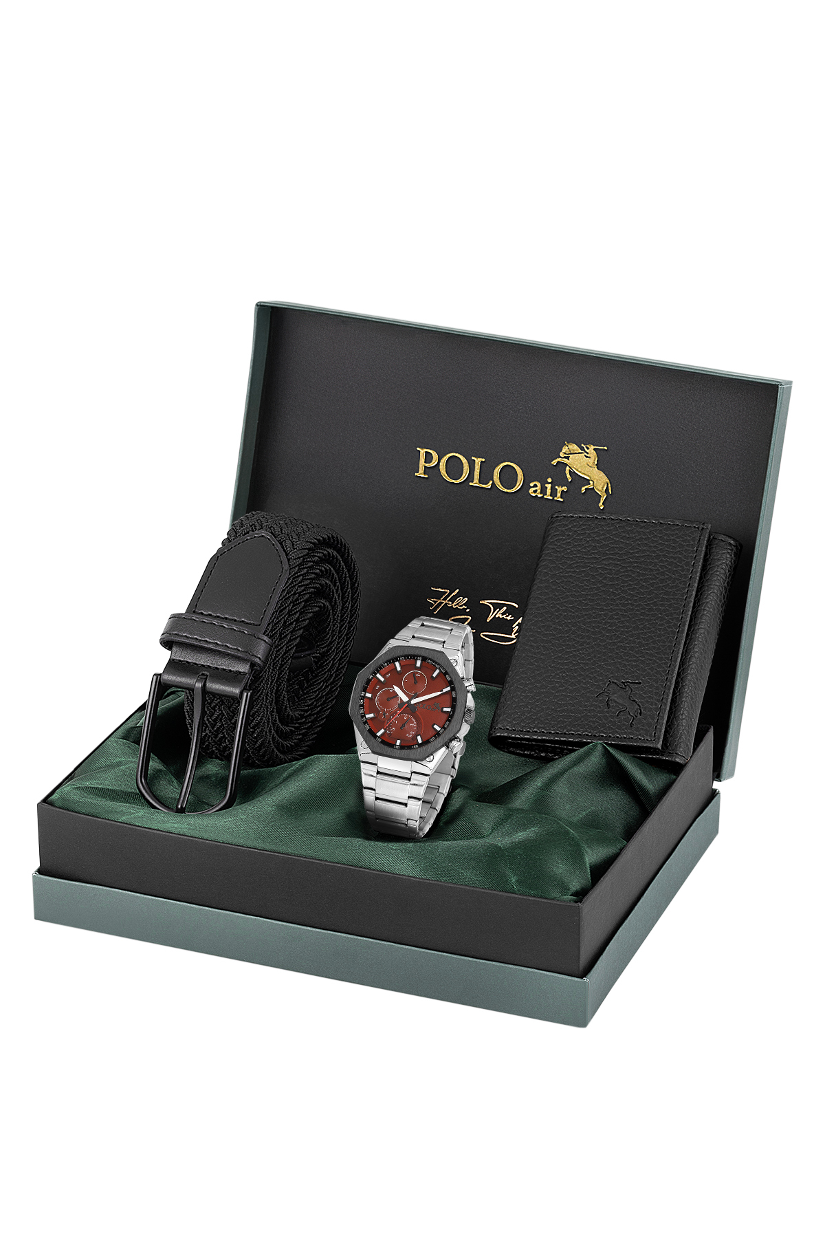 Erkek Kol Saati Cüzdan Kemer Hediyelik Kutusunda Siyah Set Gümüş Kırmızı Renk Pl-7044E6 Siyah Pl-7044E6