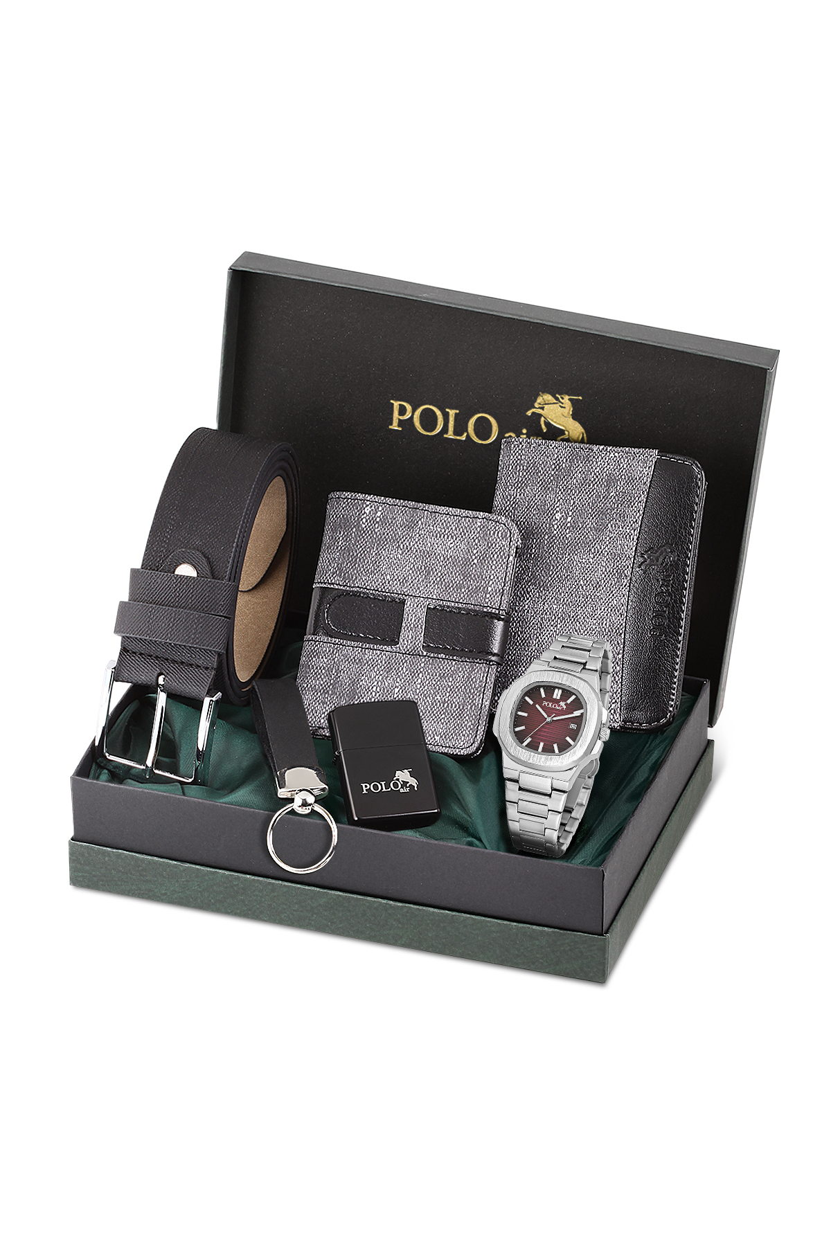 Erkek Kol Saati Cüzdan Kemer Kartlık Anahtarlık Çakmak Hediyelik Kutusunda Gri Set Pl-7042E4 Gri Pl-7042E4