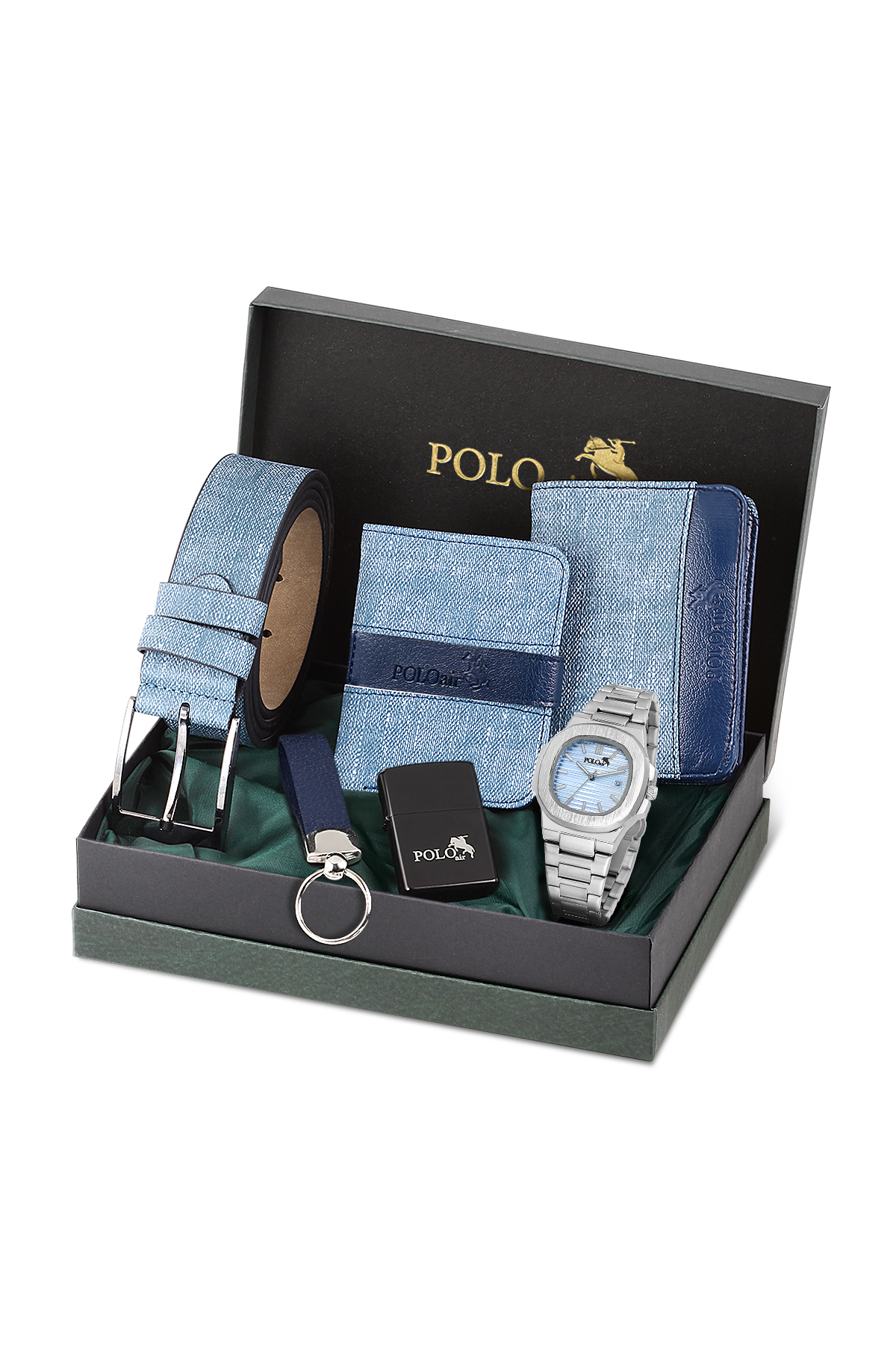 Erkek Kol Saati Cüzdan Kemer Kartlık Anahtarlık Çakmak Hediyelik Kutusunda Mavi Set Pl-7042E2 Mavi Pl-7042E2