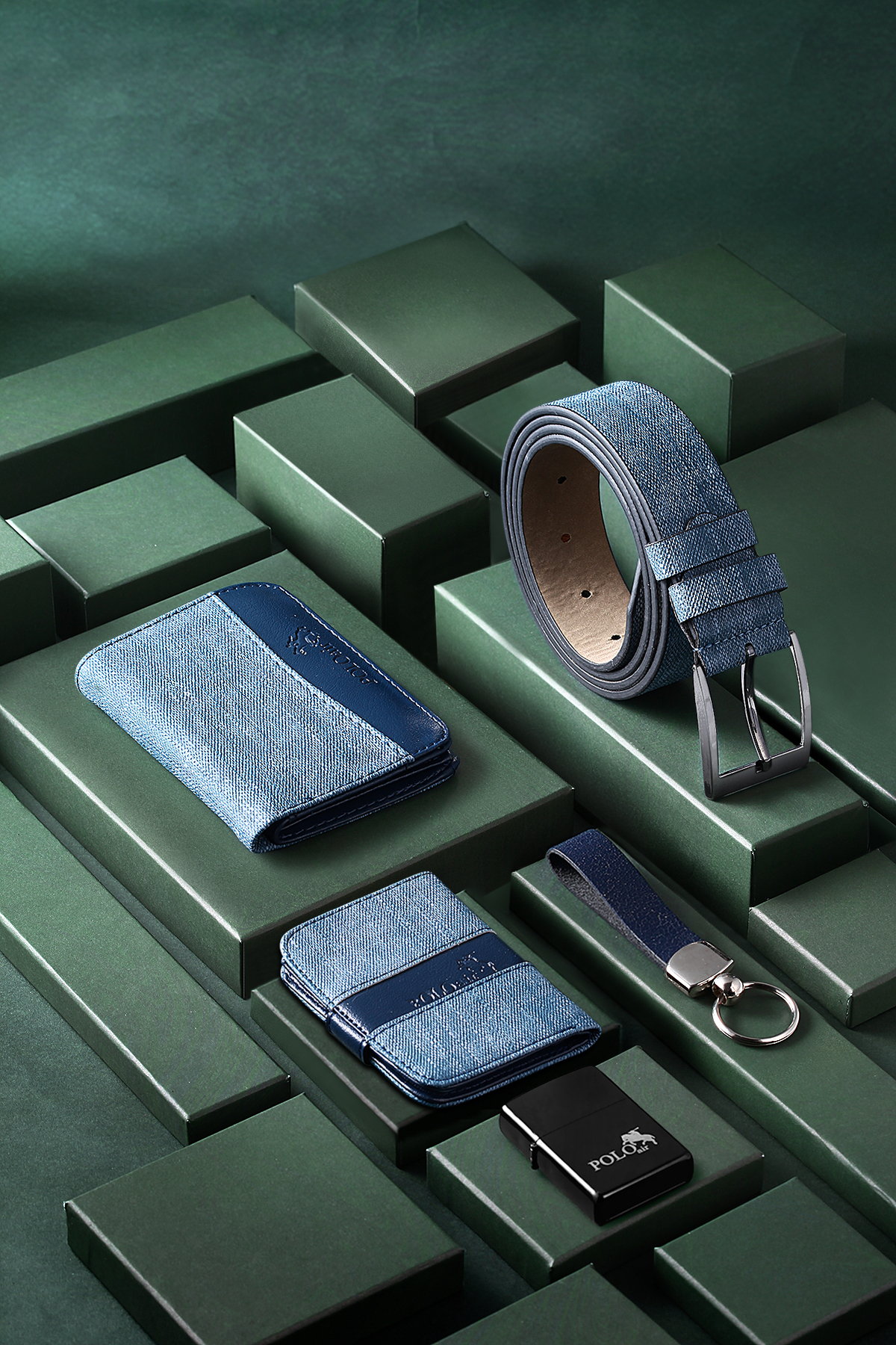 Erkek Kol Saati Cüzdan Kemer Kartlık Anahtarlık Çakmak Hediyelik Kutusunda Mavi Set Pl-7042E2 Mavi Pl-7042E2