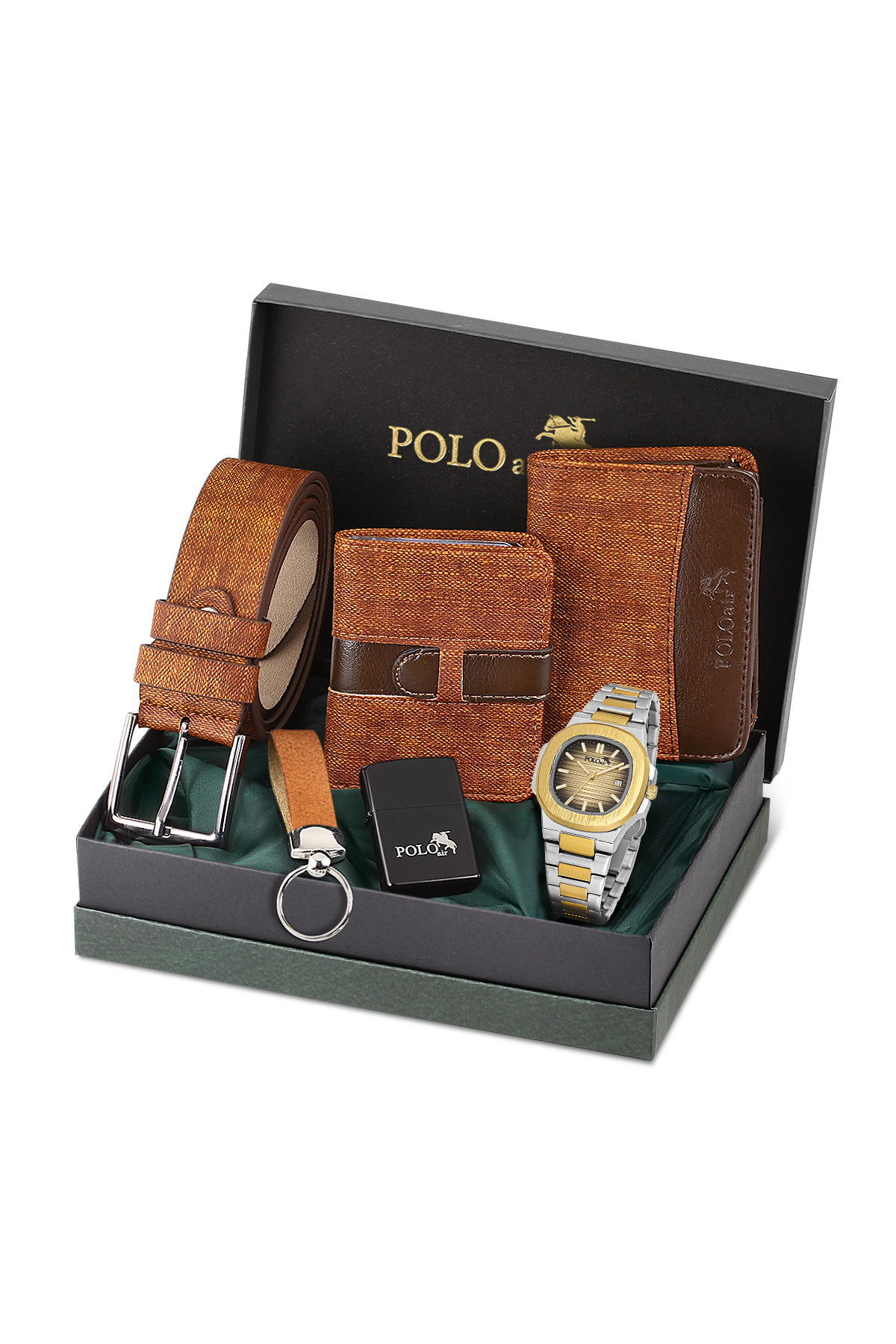 Erkek Kol Saati Cüzdan Kemer Kartlık Anahtarlık Çakmak Hediyelik Kutusunda Taba Set Pl-7042E3 Taba-Gold-Gümüş Pl-7042E3