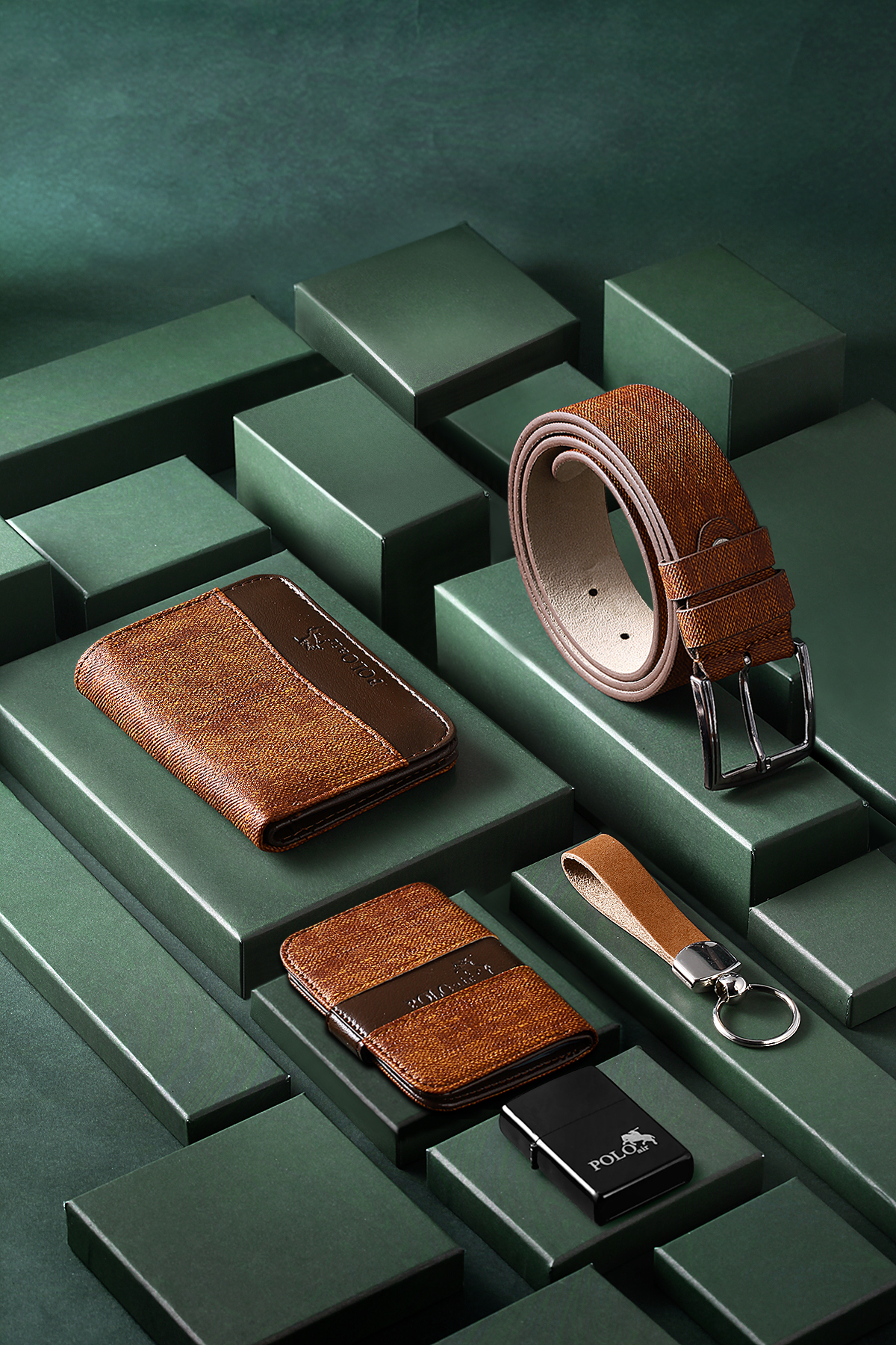 Erkek Kol Saati Cüzdan Kemer Kartlık Anahtarlık Çakmak Hediyelik Kutusunda Taba Set Pl-7042E3 Taba-Gold-Gümüş Pl-7042E3