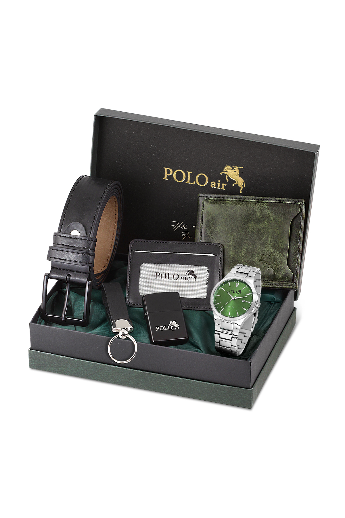 Erkek Kol Saati Cüzdan Kemer Kartlık Anahtarlık Çakmak Kombin Set Yeşil Gümüş Renk Pl-7039E3 Yeşil Pl-7039E3