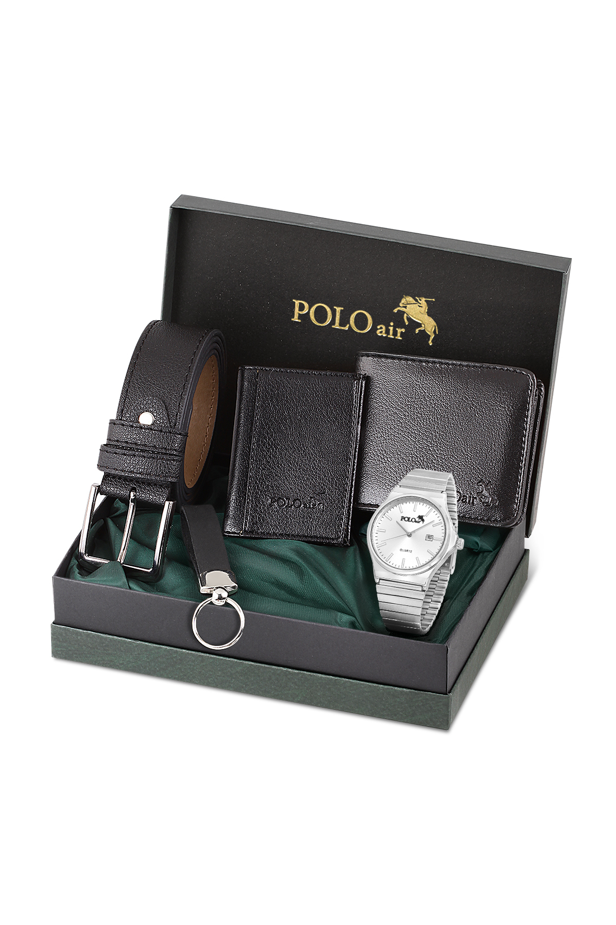 Erkek Kol Saati Cüzdan Kemer Kartlık Anahtarlık Hediyelik Kutusunda Siyah Gümüş Set Pl-7041E3 Gümüş Pl-7041E3