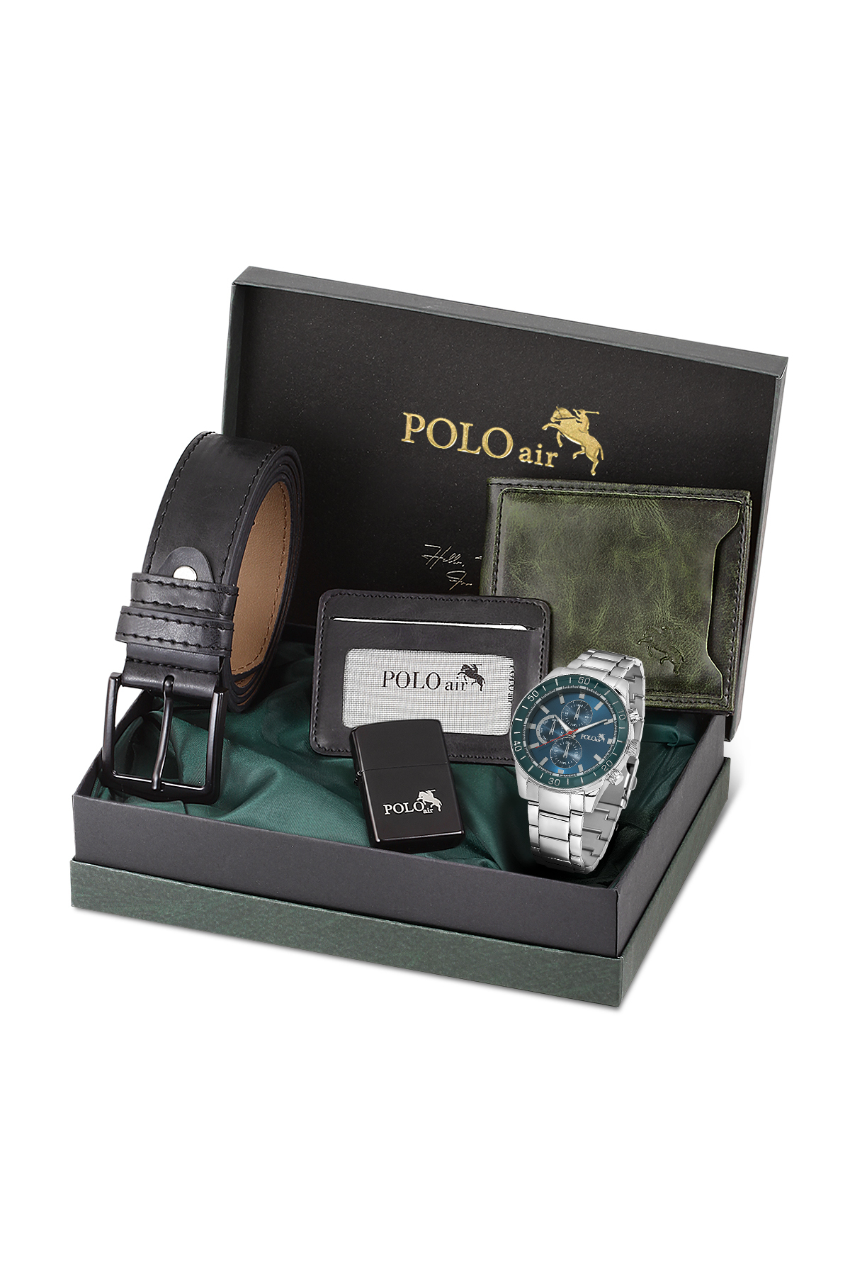 Erkek Kol Saati Cüzdan Kemer Kartlık Çakmak Hediyelik Kutusunda Gümüş Yeşil Renk Pl-7026E3 Yeşil Pl-7026E3