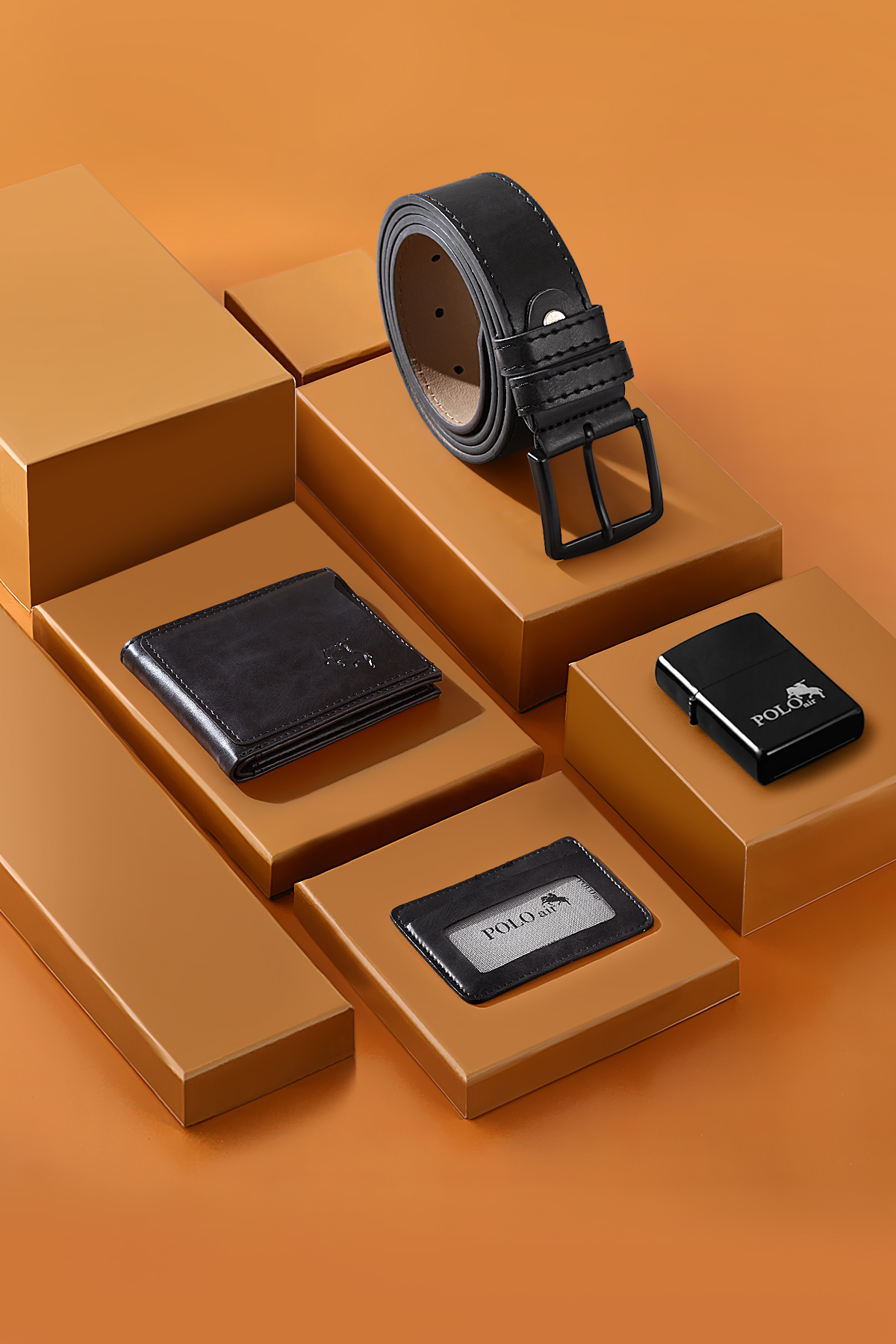 Erkek Kol Saati Cüzdan Kemer Kartlık Çakmak Hediyelik Kutusunda Siyah Gümüş Renk Pl-7036E1 Siyah Pl-7036E1