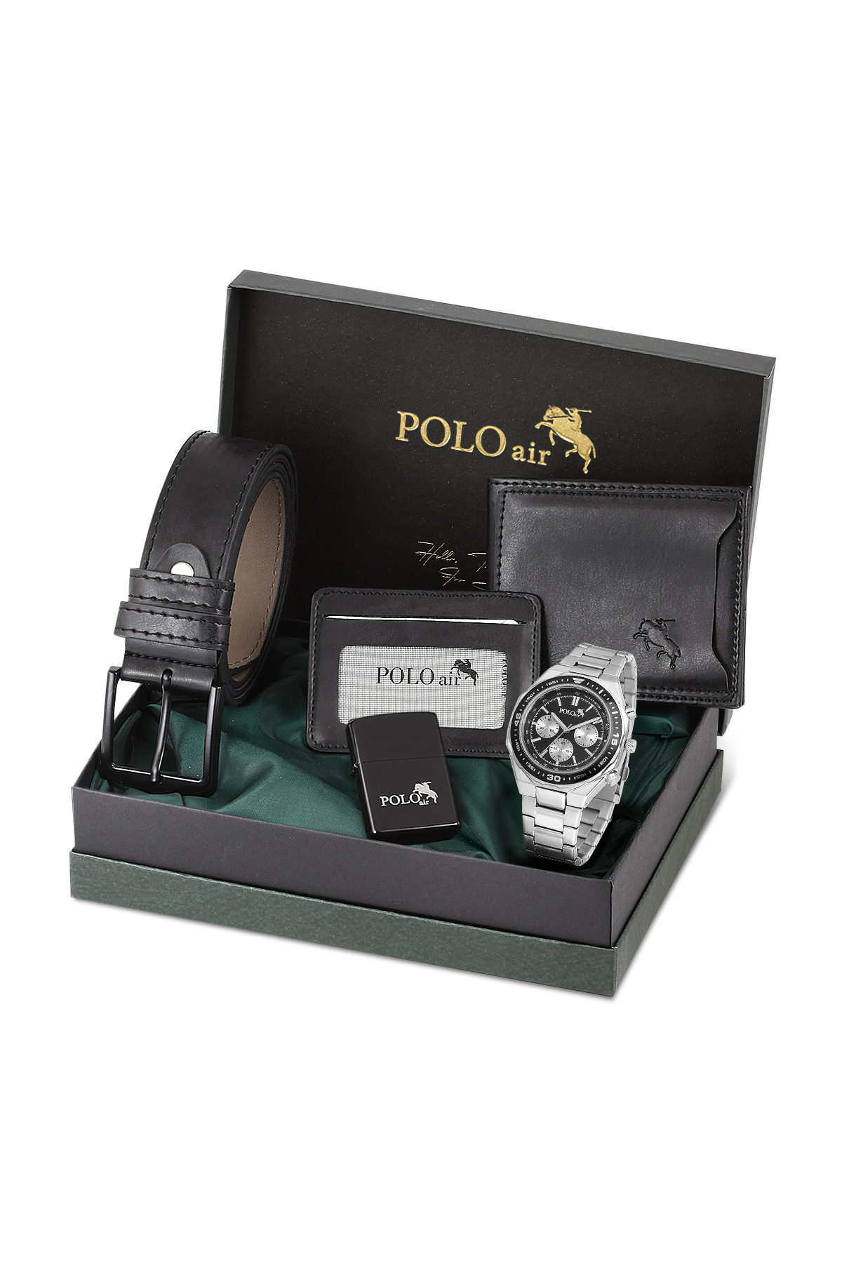 Erkek Kol Saati Cüzdan Kemer Kartlık Çakmak Hediyelik Kutusunda Siyah Gümüş Renk Pl-7036E1 Siyah Pl-7036E1