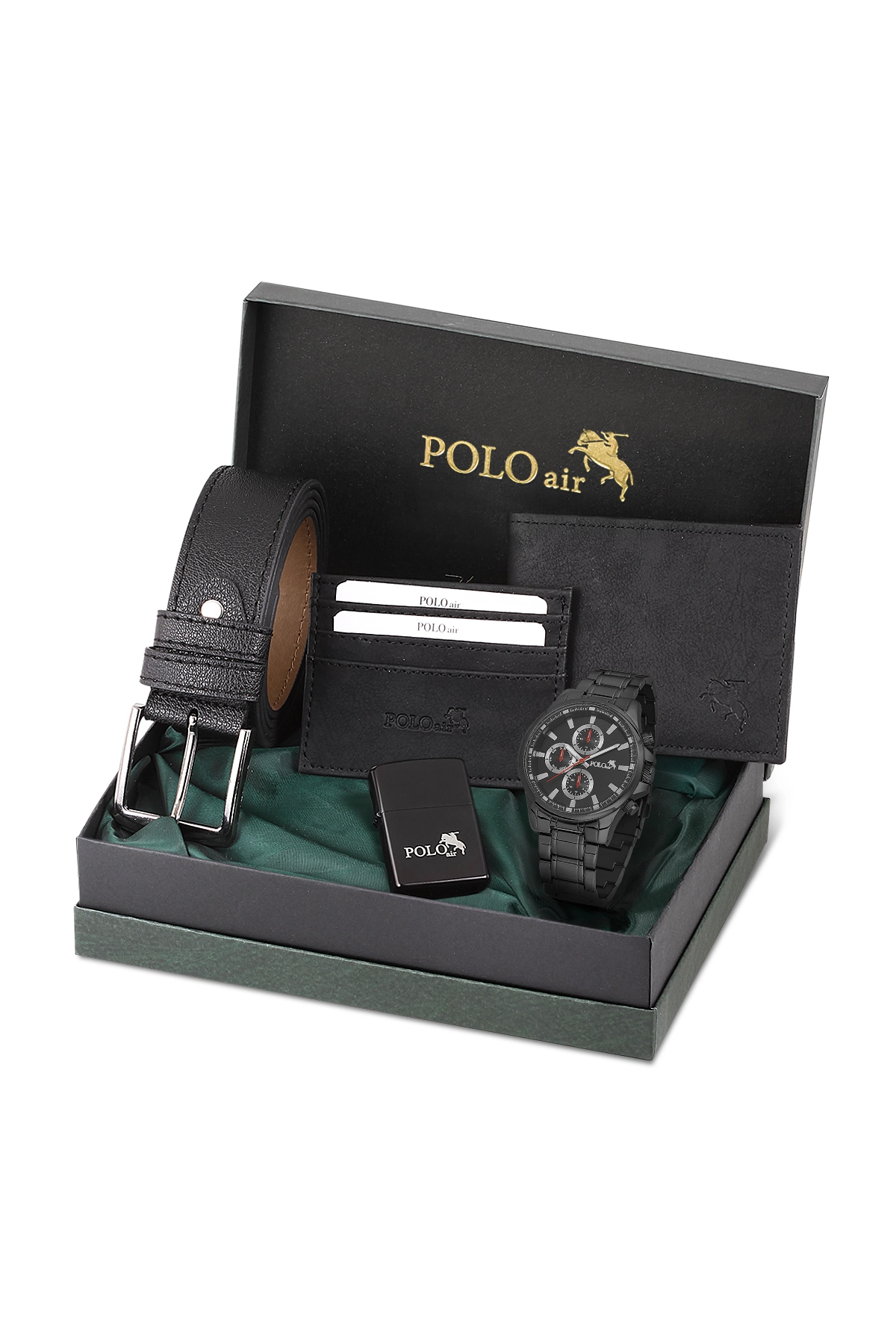 Erkek Kol Saati Cüzdan Kemer Kartlık Çakmak Hediyelik Kutusunda Siyah Renk Pl-7037E1 Siyah Pl-7037E1