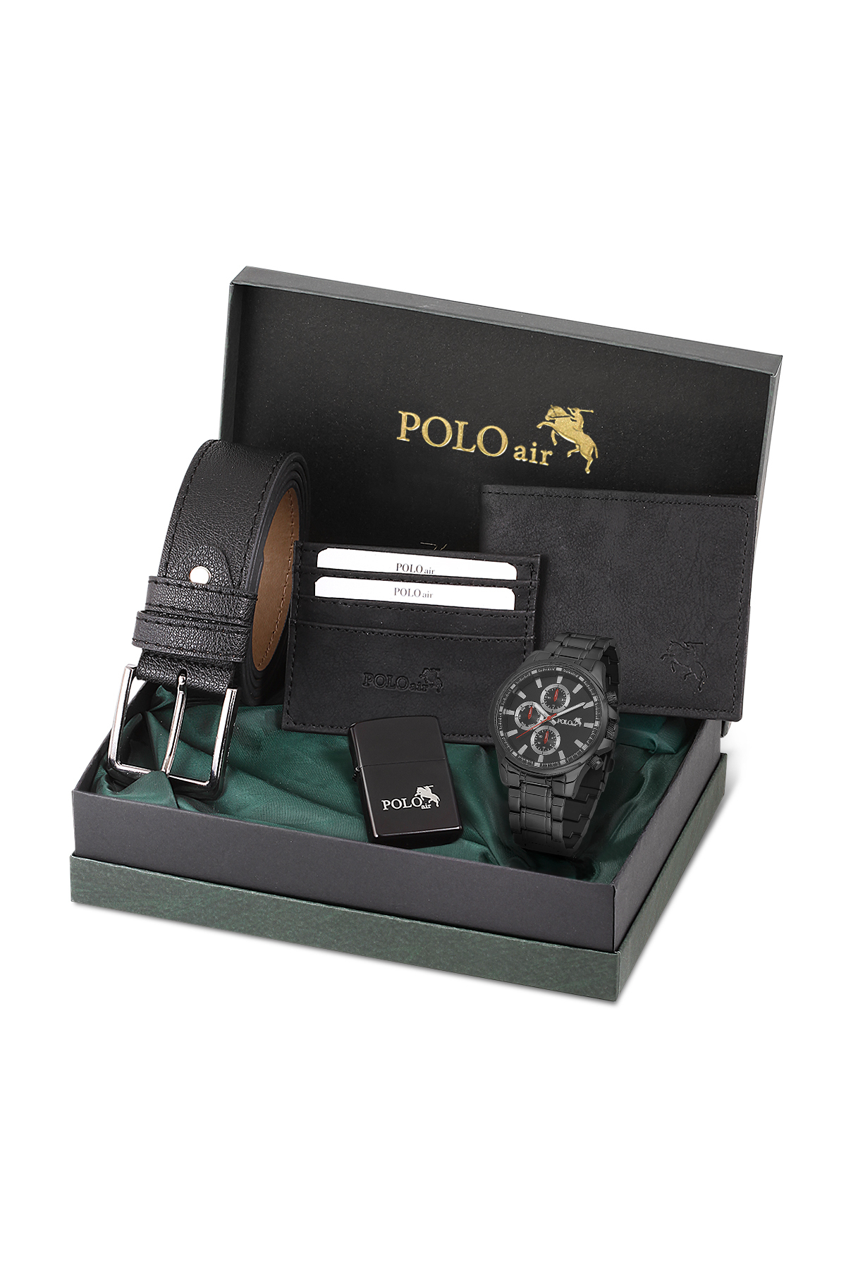 Erkek Kol Saati Cüzdan Kemer Kartlık Çakmak Hediyelik Kutusunda Siyah Renk Pl-7037E1 Siyah Pl-7037E1