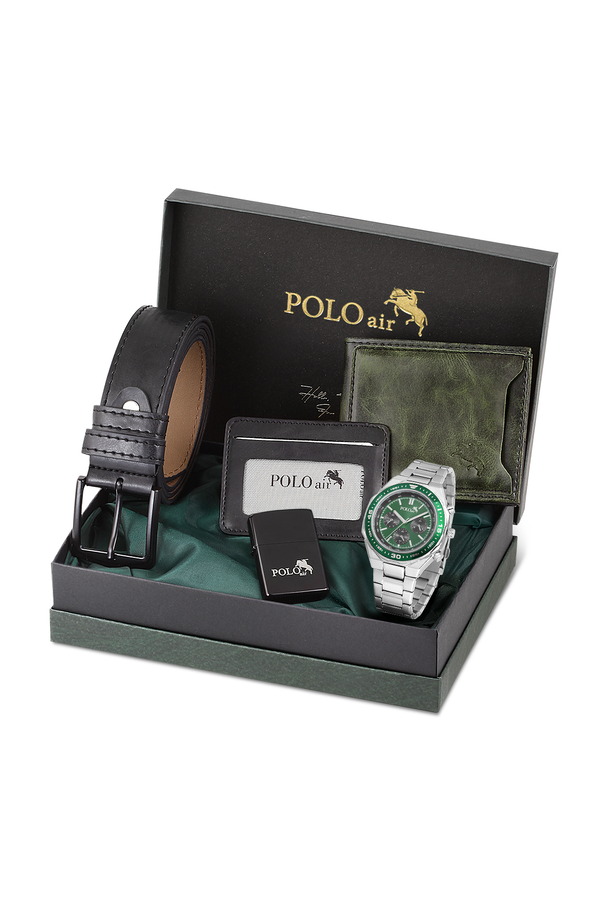 Erkek Kol Saati Cüzdan Kemer Kartlık Çakmak Hediyelik Kutusunda Yeşil Gümüş Renk Pl-7036E3 Yeşil-Gümüş Pl-7036E3