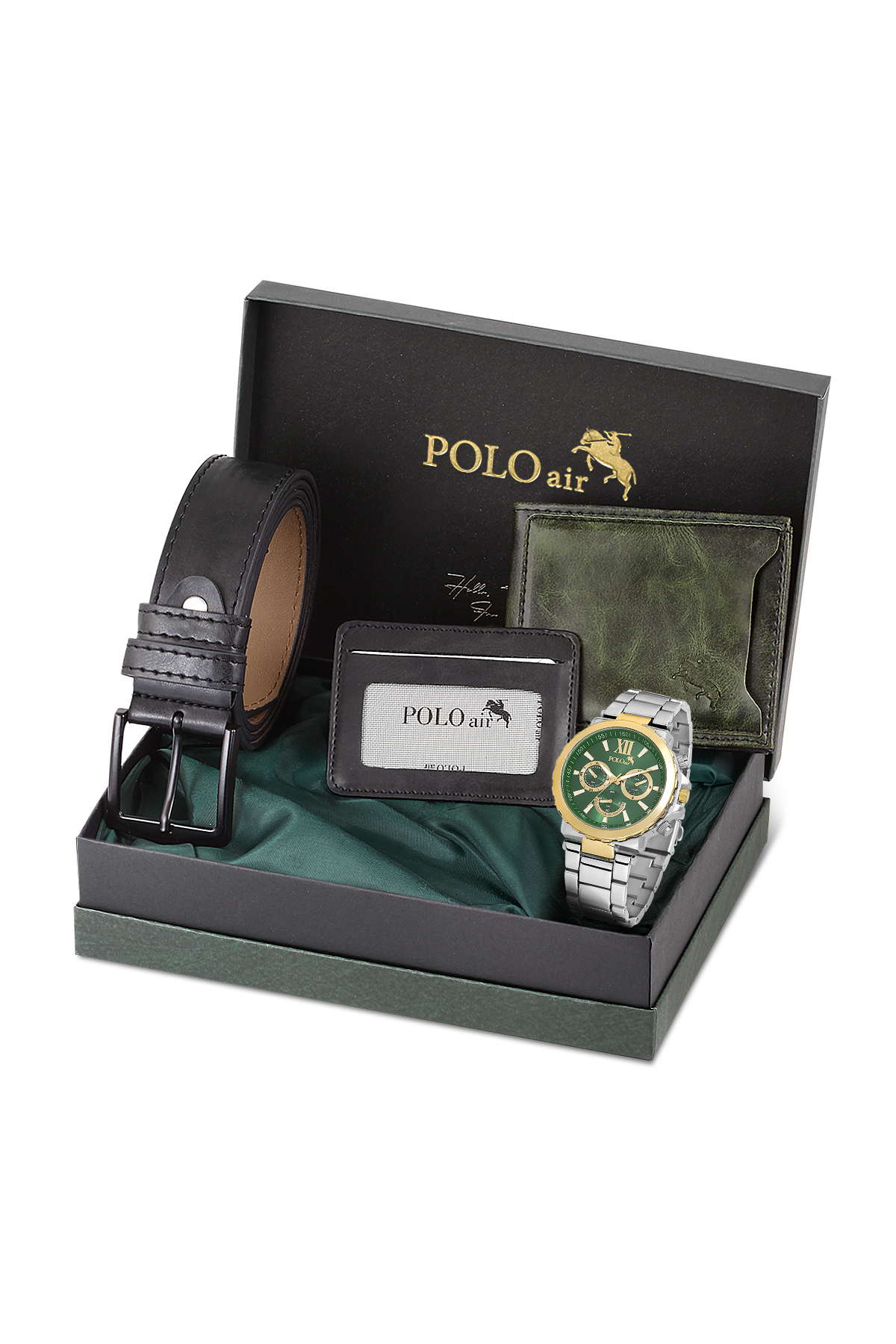 Erkek Kol Saati Cüzdan Kemer Kartlık Hediyelik Kutusunda Gold Yeşil Gümüş Renk Pl-7031E3 Yeşil Pl-7031E3