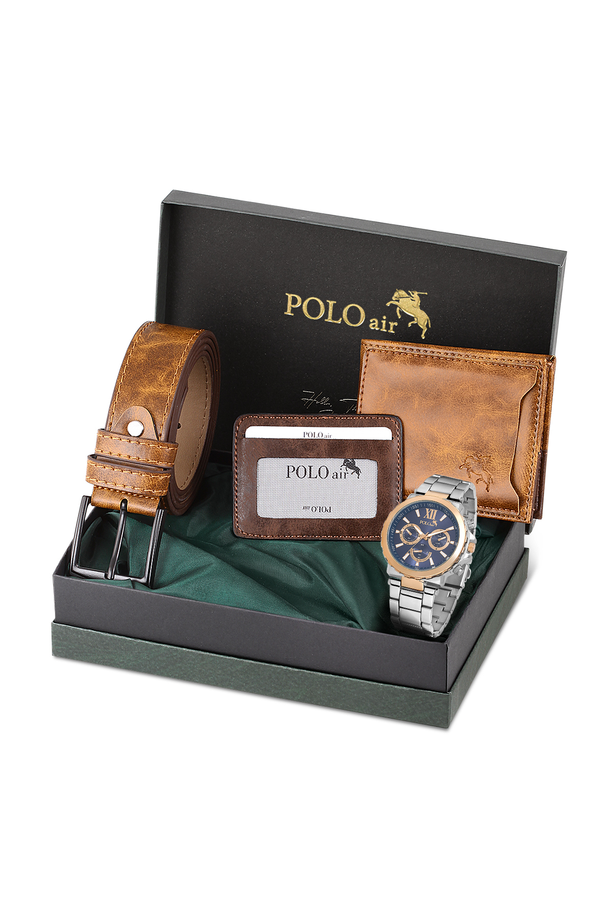 Erkek Kol Saati Cüzdan Kemer Kartlık Hediyelik Kutusunda Taba Gümüş Lacivert Bakır Renk Pl-7031E5 Çok Renkli Pl-7031E5