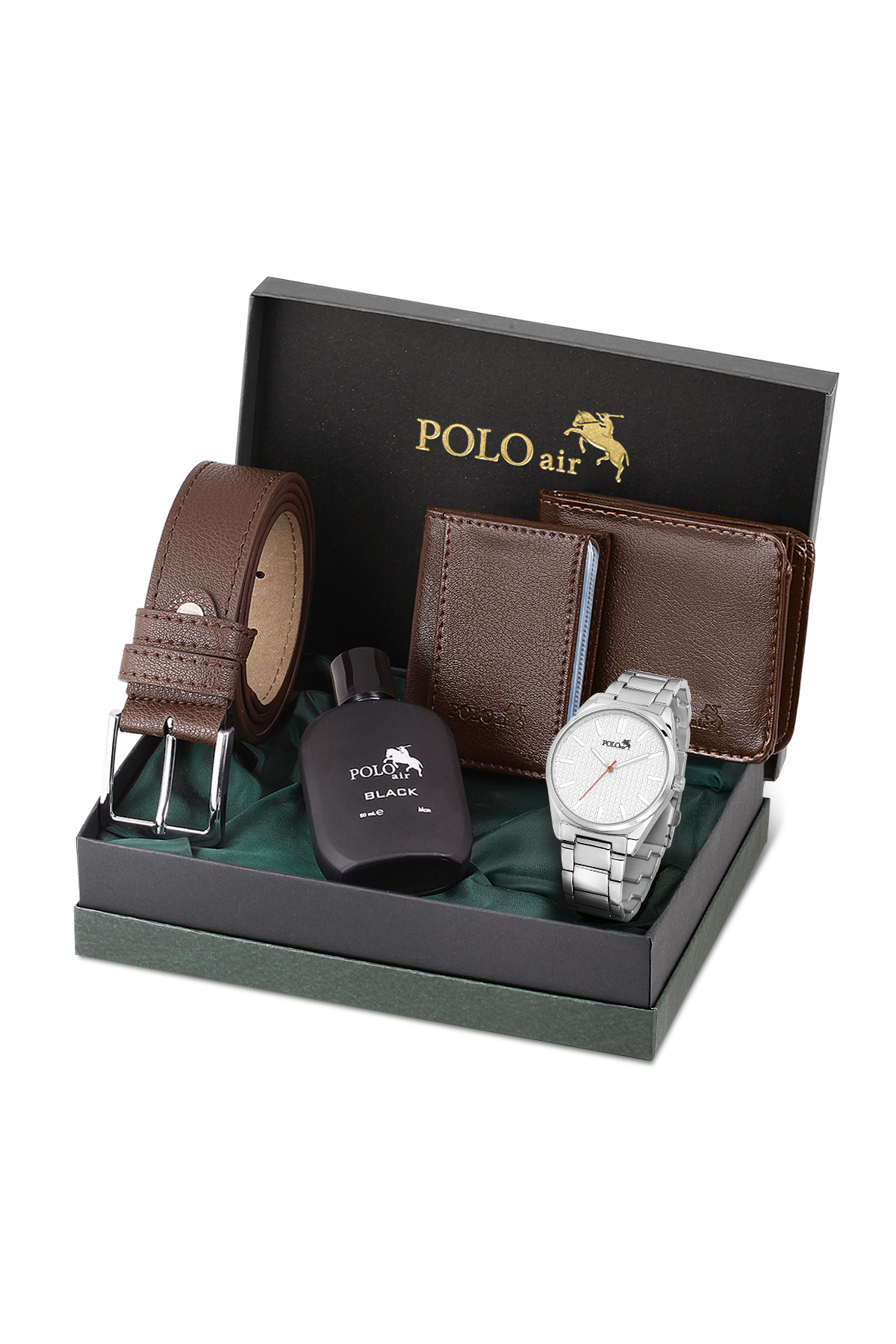 Erkek Kol Saati Cüzdan Kemer Kartlık Parfüm Hediyelik Kutusunda Kahverengi Set Gümüş Renk Pl-7038E3 Gümüş-Kahverengi Pl-7038E3