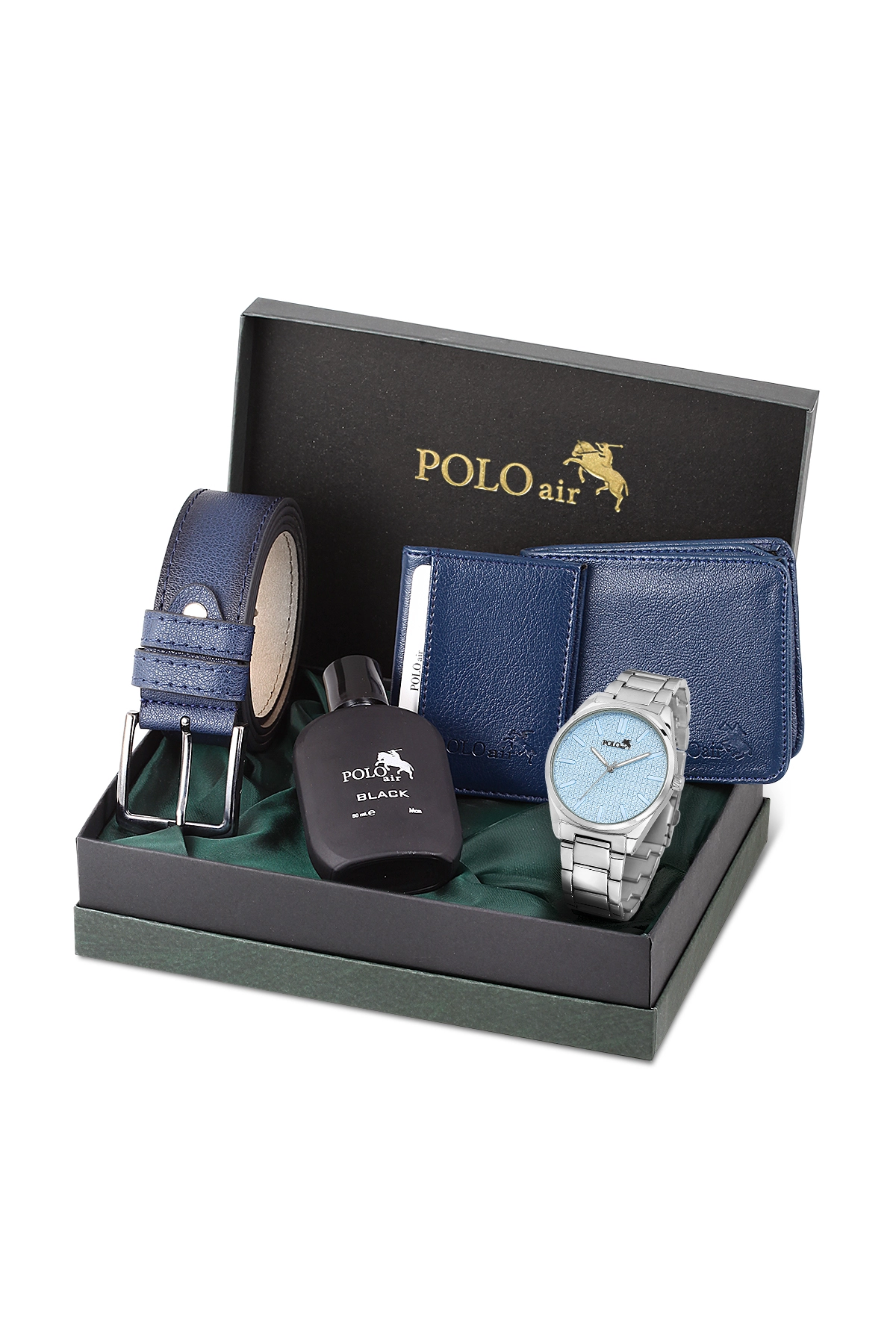Erkek Kol Saati Cüzdan Kemer Kartlık Parfüm Hediyelik Kutusunda Set Gümüş Mavi Renk Pl-7038E4 Mavi-Gümüş-Lacivert Pl-7038E4