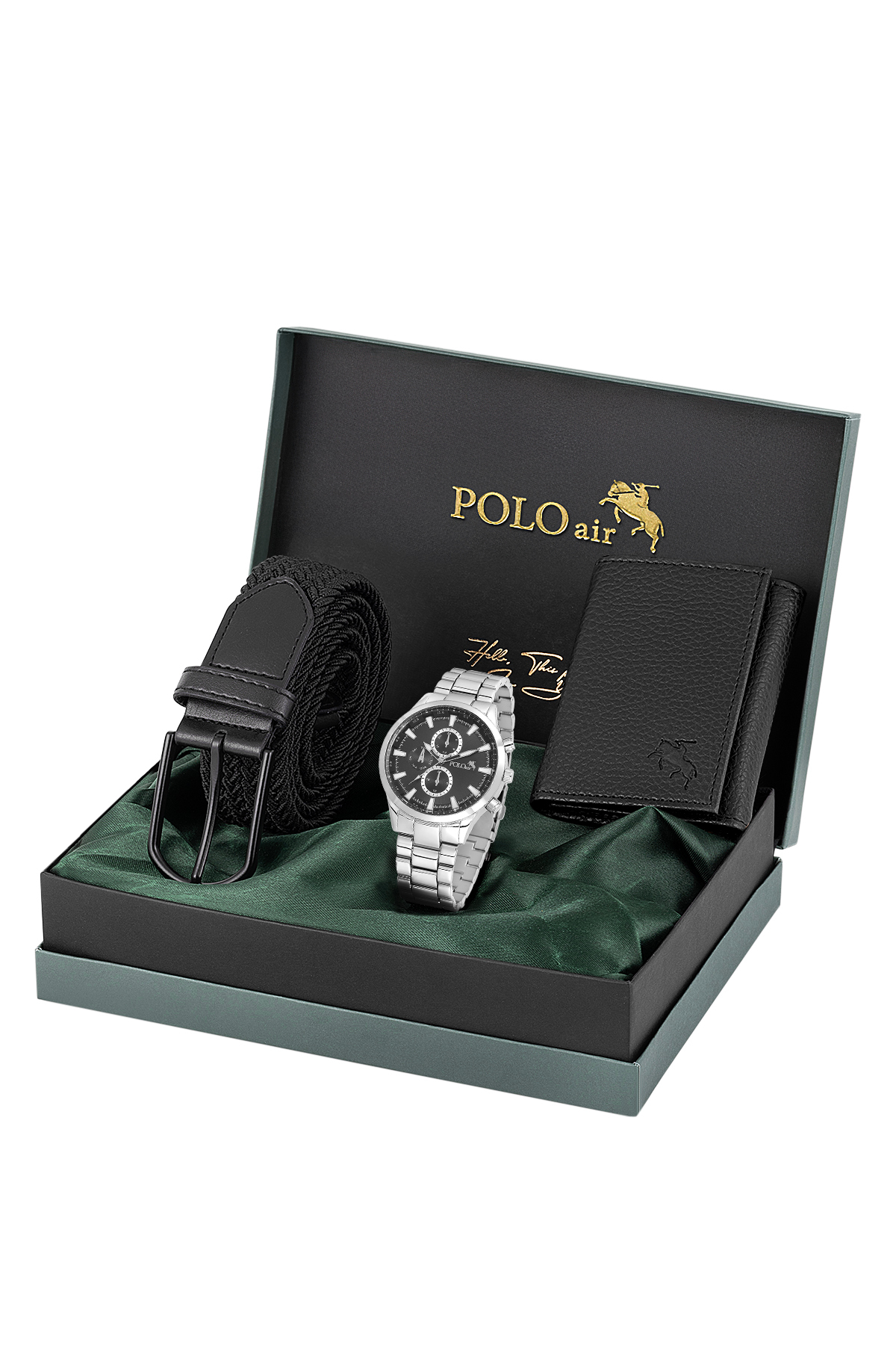 Erkek Kol Saati Esnek Kemer Mıknatıslı Cüzdan Kombin Set Gümüş Siyah Renk Pl-7032E4 Siyah Pl-7032E4