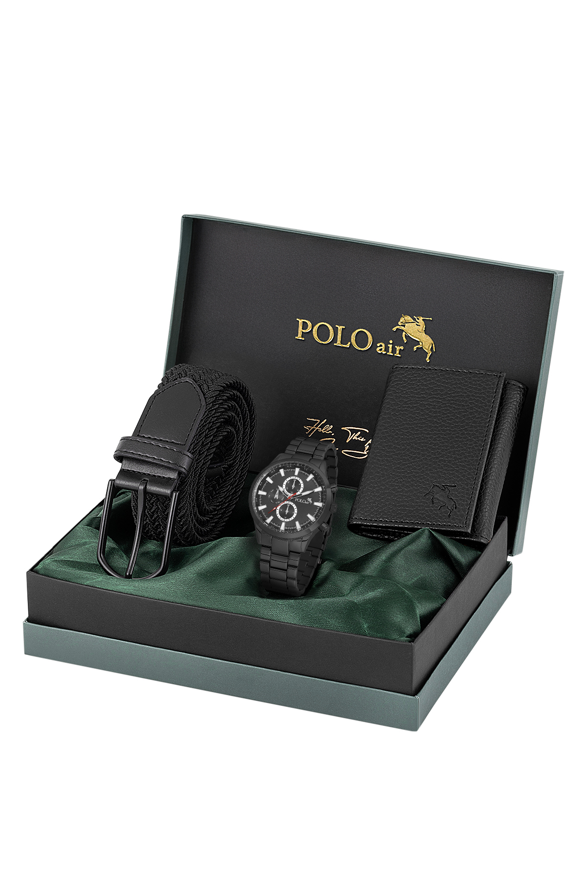 Erkek Kol Saati Esnek Kemer Mıknatıslı Cüzdan Kombin Set Siyah Renk Pl-7032E1 Siyah Pl-7032E1