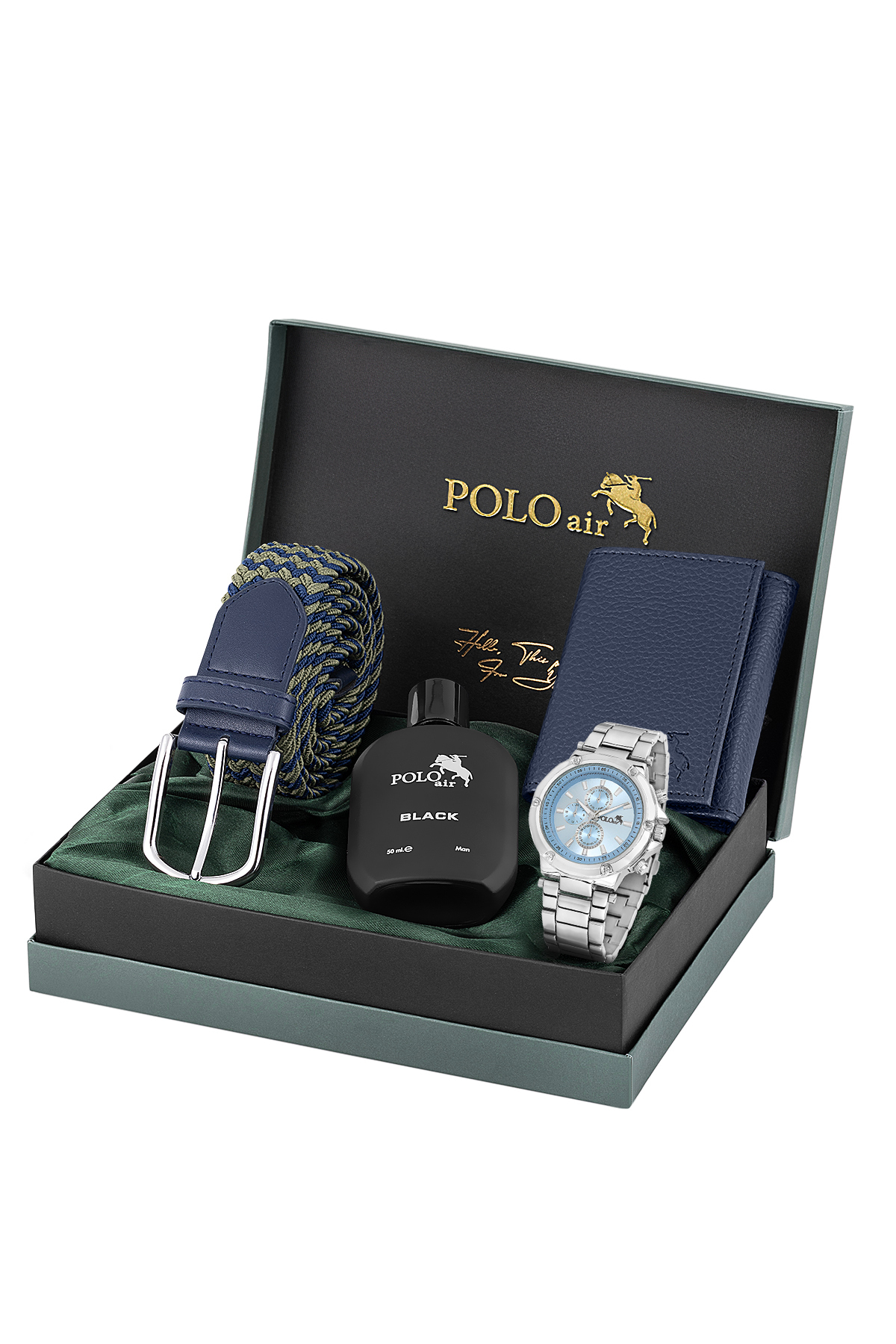 Erkek Kol Saati Esnek Kemer Mıknatıslı Cüzdan Parfümlü Kombin Set Gümüş Mavi Renk Pl-7034E2 Mavi Pl-7034E2